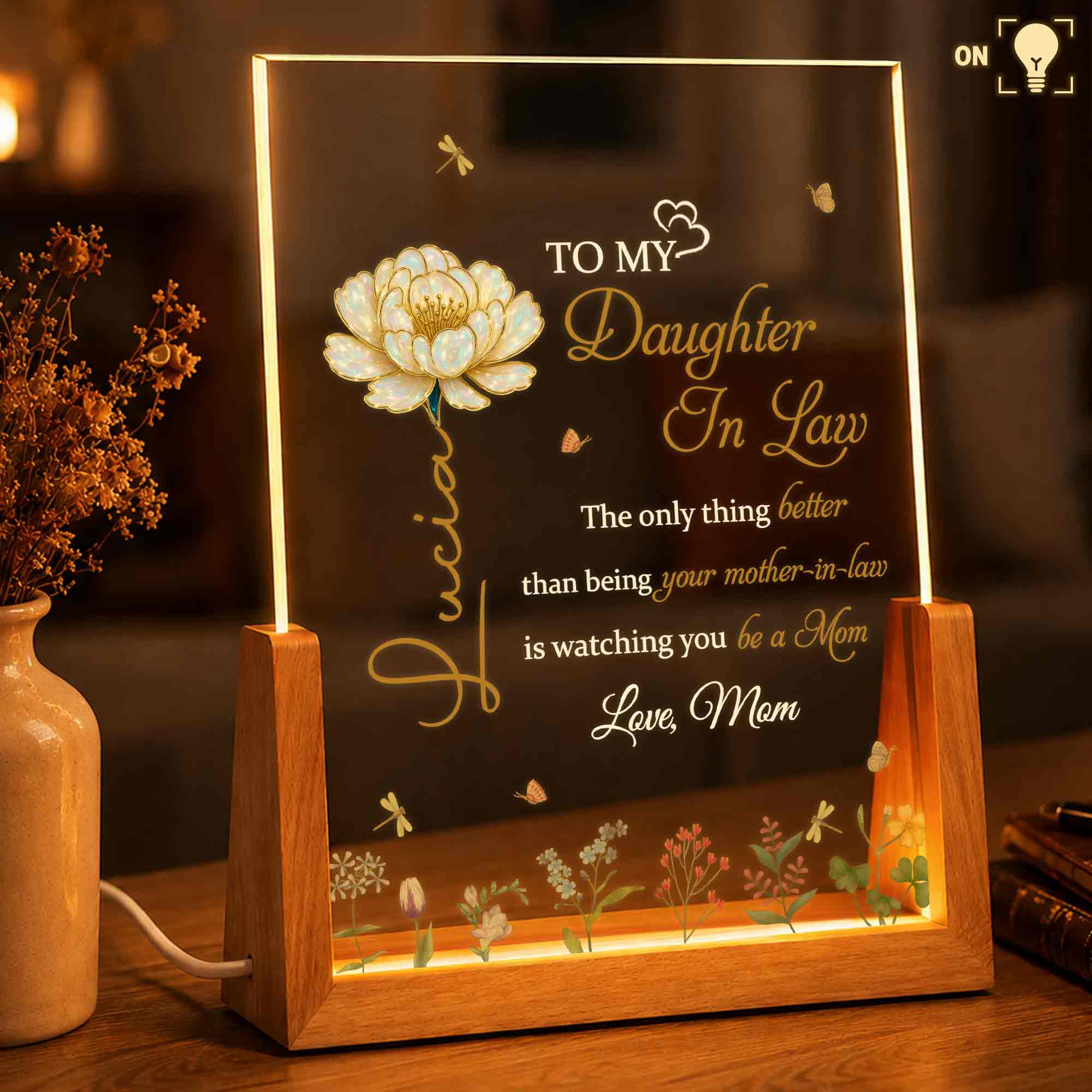 Personalized Acrylic Night Light with Wooden Base for Daughter-in-Law Wood and Acrylic Night Light GradoCreations