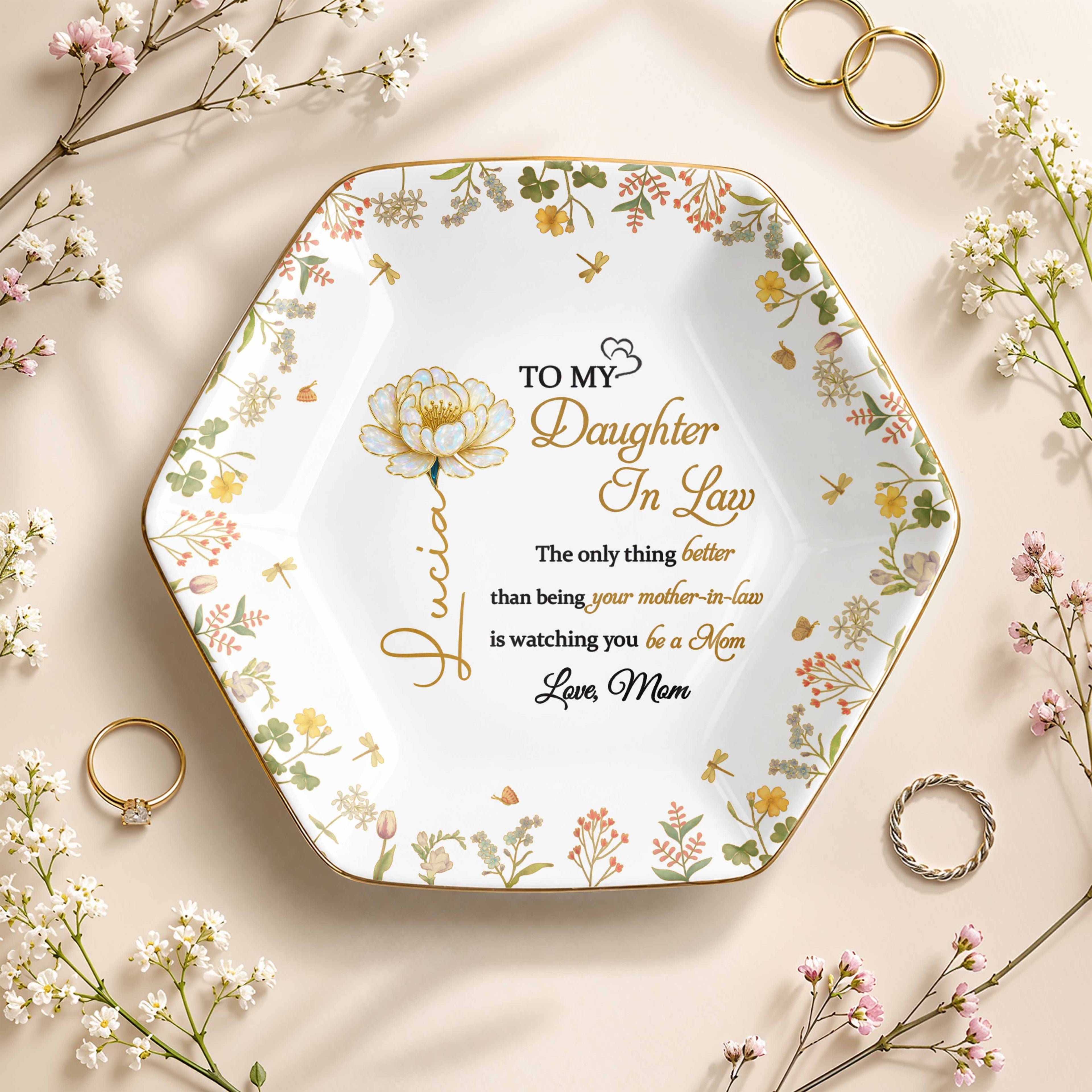Personalized Hexagonal Ceramic Jewelry Dish Custom Gift for Daughter-in-Law Jewelry Dish GradoCreations