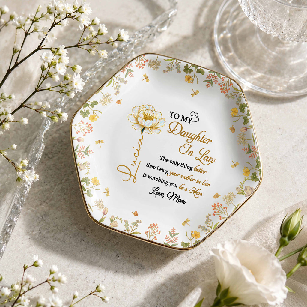 Personalized Hexagonal Ceramic Jewelry Dish Custom Gift for Daughter-in-Law Jewelry Dish GradoCreations