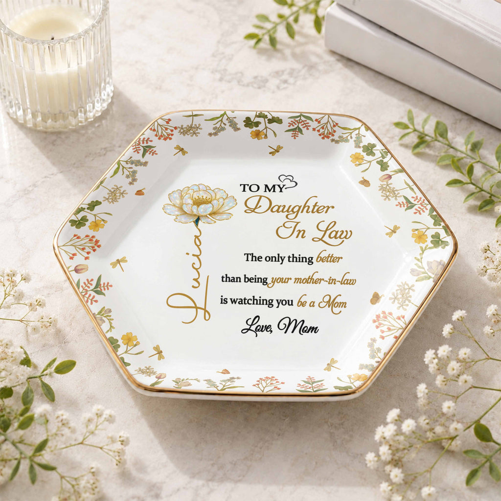 Personalized Hexagonal Ceramic Jewelry Dish Custom Gift for Daughter-in-Law Jewelry Dish GradoCreations