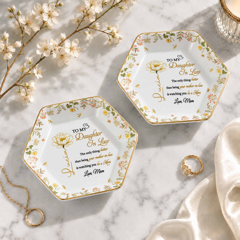 Personalized Hexagonal Ceramic Jewelry Dish Custom Gift for Daughter-in-Law Jewelry Dish GradoCreations