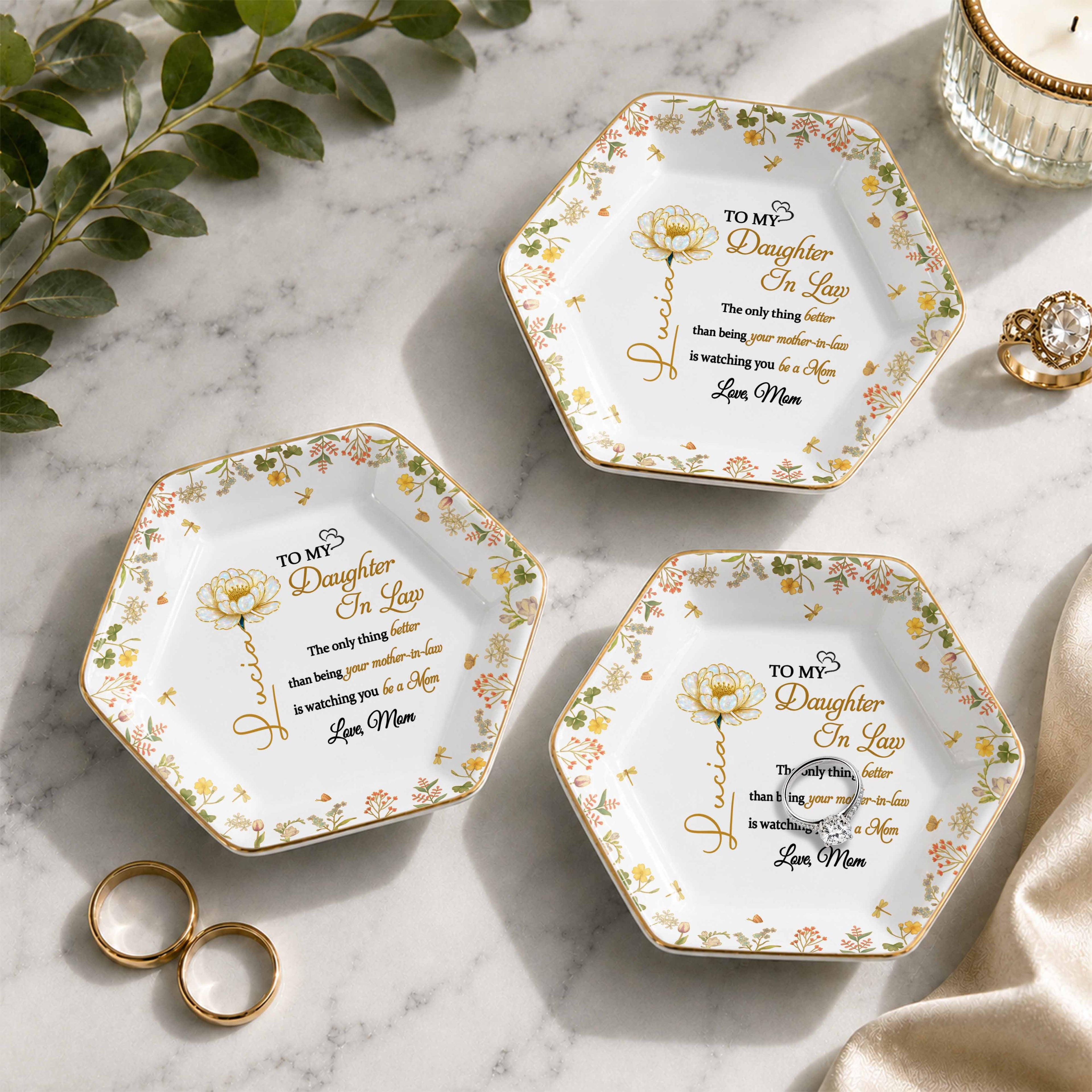 Personalized Hexagonal Ceramic Jewelry Dish Custom Gift for Daughter-in-Law Jewelry Dish GradoCreations
