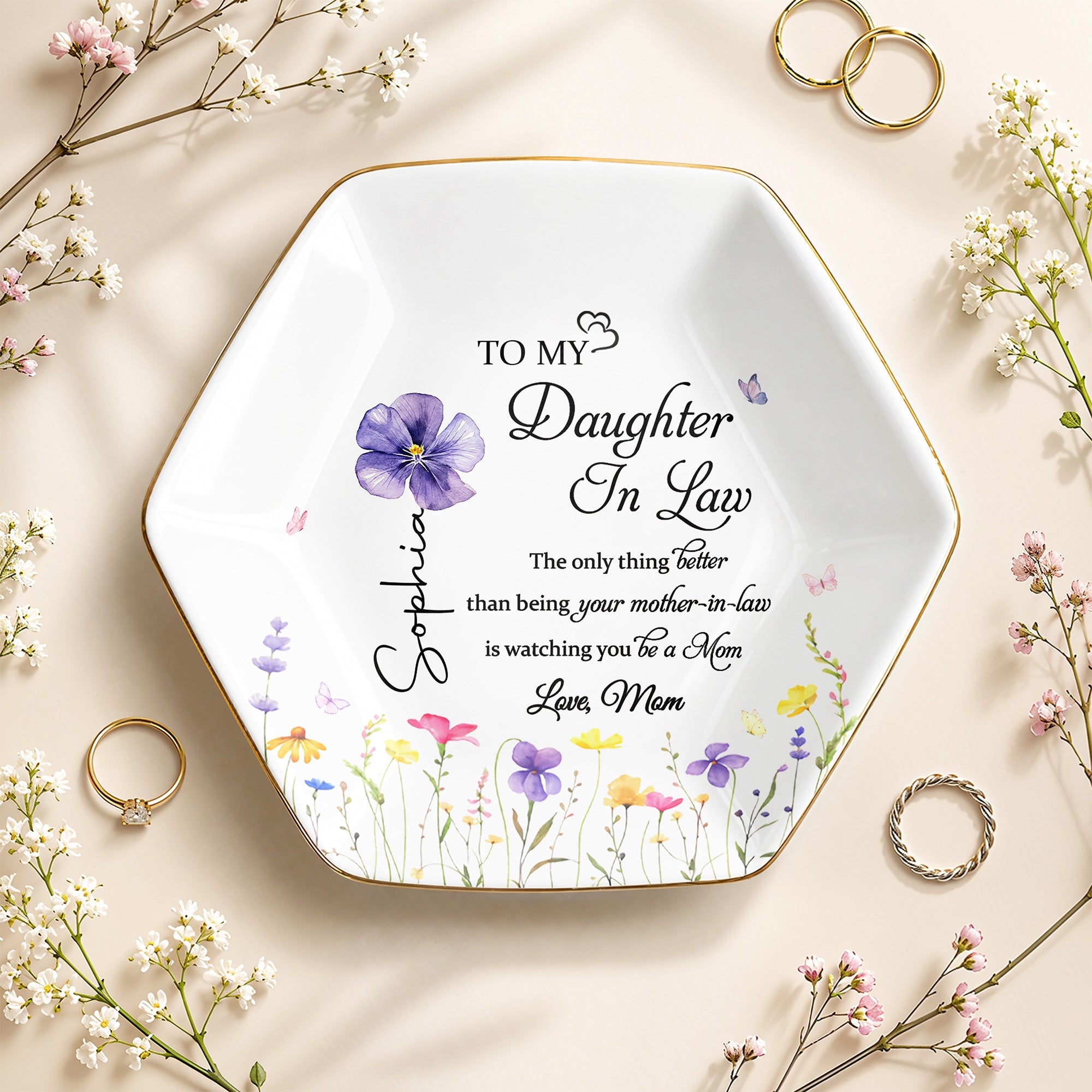 Personalized Birth Month Flower Jewelry Dish Custom Gift for Daughter-in-Law