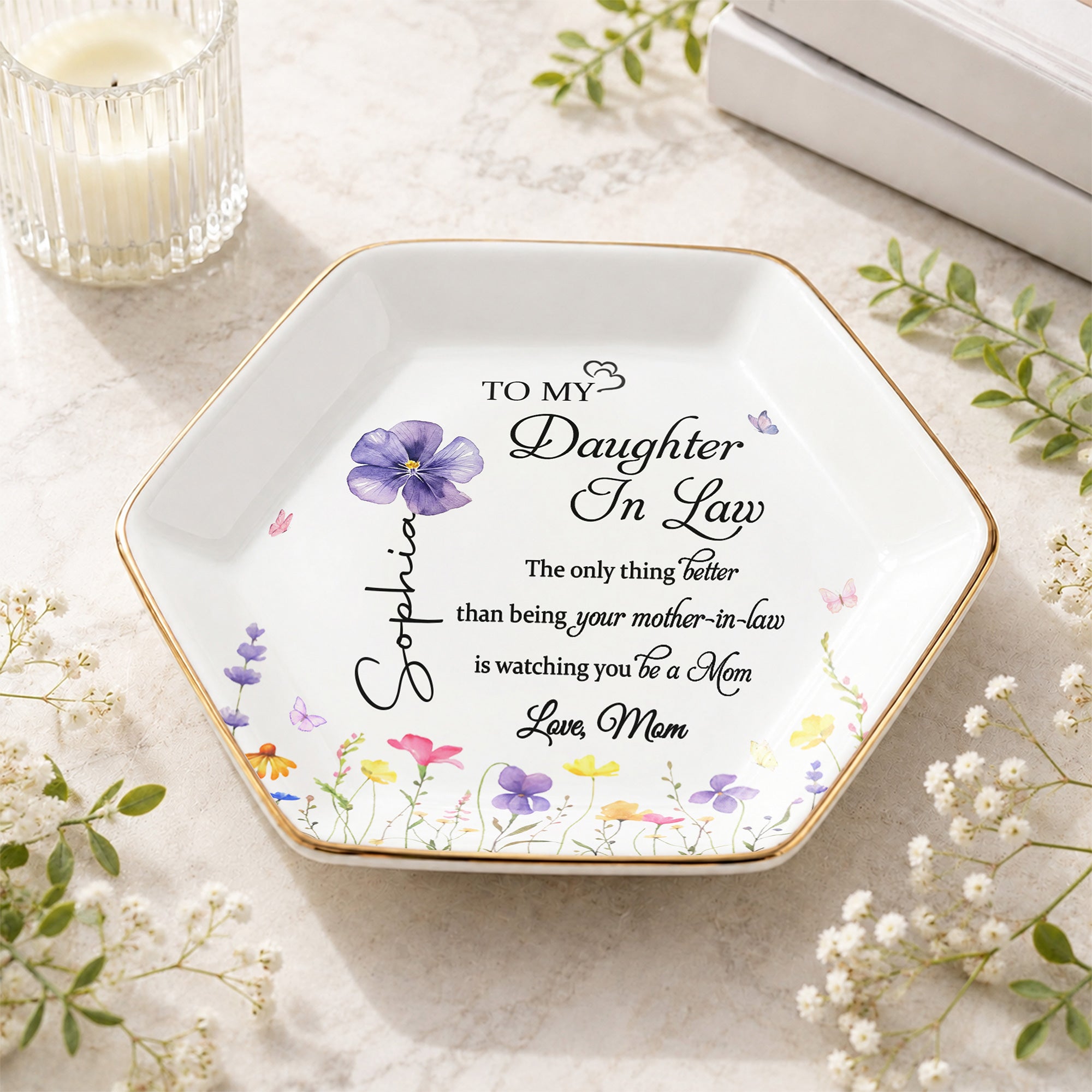 Personalized Birth Month Flower Jewelry Dish Custom Gift for Daughter-in-Law