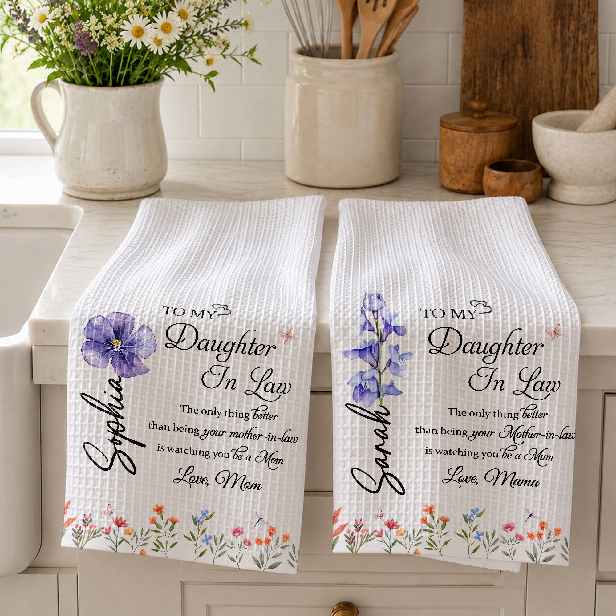 Personalized Kitchen Towel Custom Flowers Gift for Daughter-in-Law Kitchen Towel GradoCreations