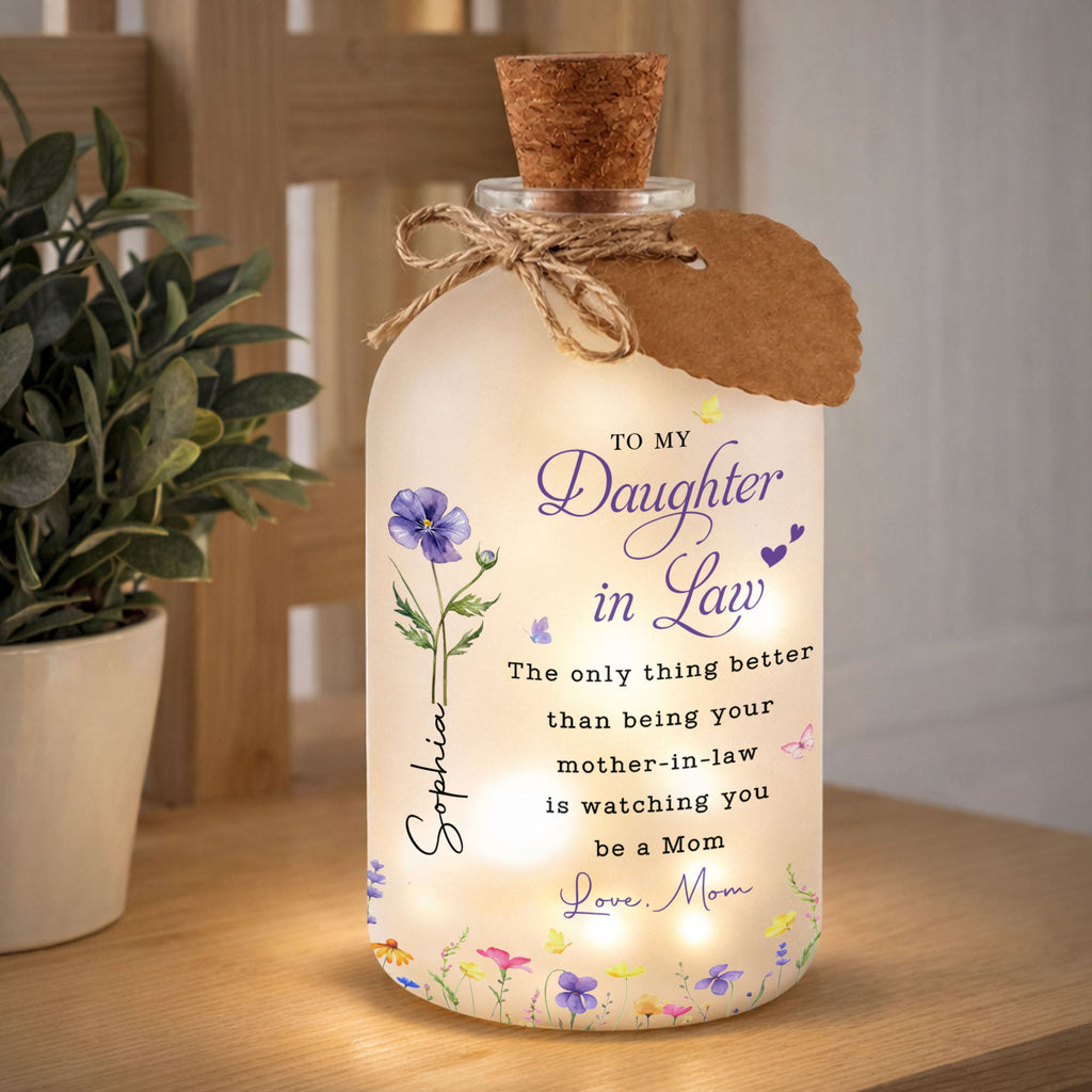 Personalized Frosted Glass Bottle Light Custom Birth Month Flowers Gift for Daughter-in-Law Short Bottle Light GradoCreations