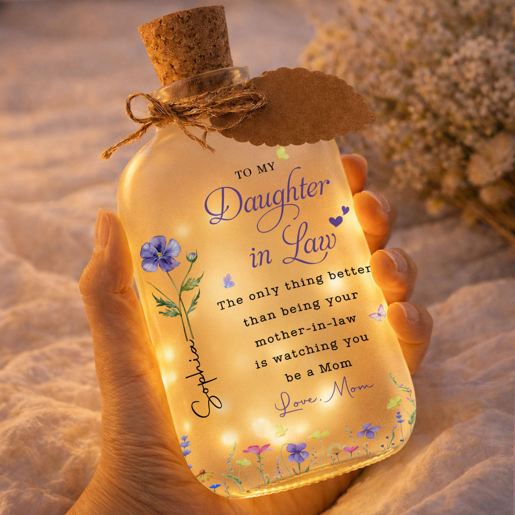 Personalized Frosted Glass Bottle Light Custom Birth Month Flowers Gift for Daughter-in-Law Short Bottle Light GradoCreations