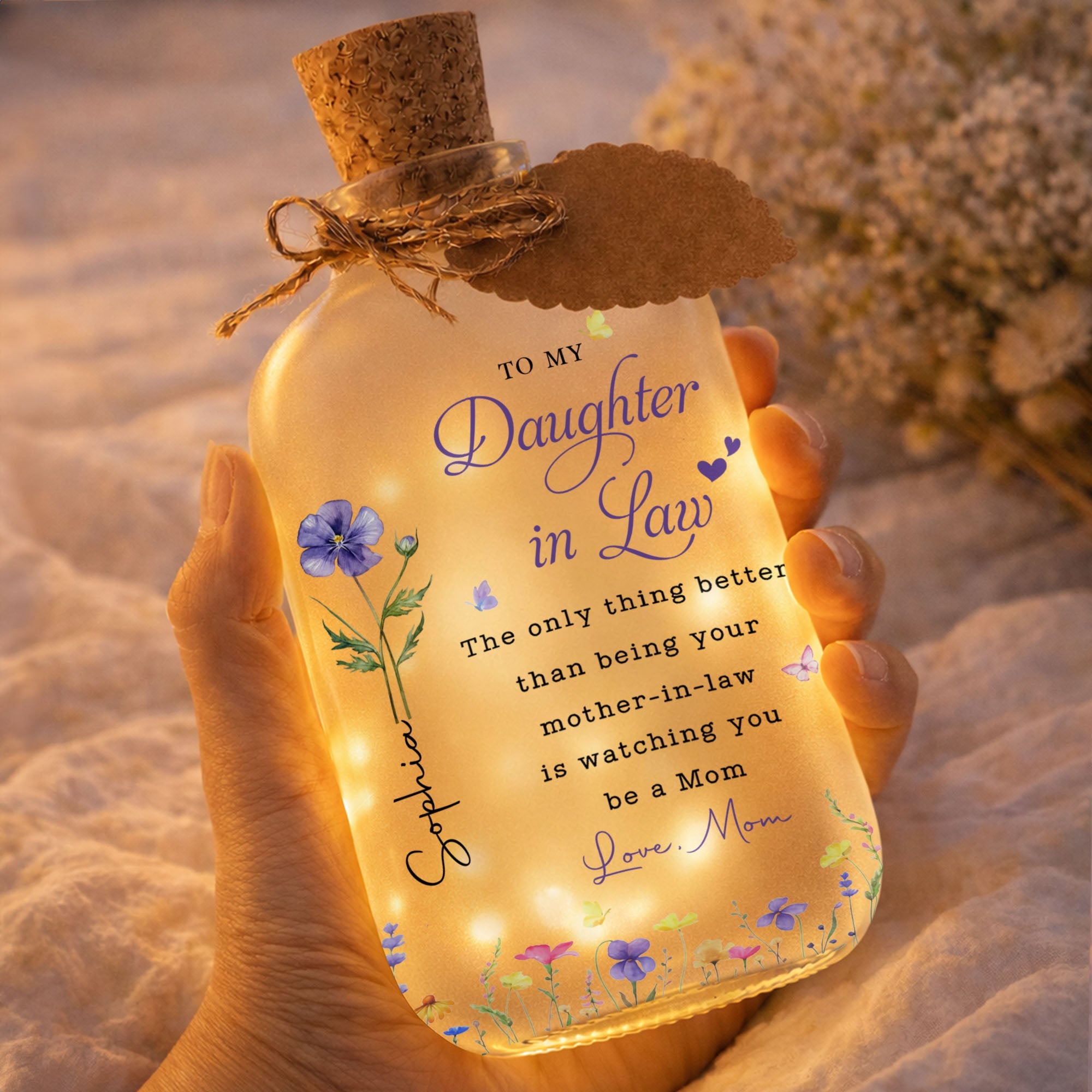 Personalized Frosted Glass Bottle Light Custom Birth Month Flowers Gift for Daughter-in-Law Short Bottle Light GradoCreations