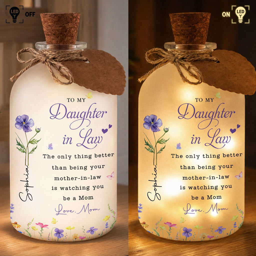 Personalized Frosted Glass Bottle Light Custom Birth Month Flowers Gift for Daughter-in-Law Short Bottle Light GradoCreations