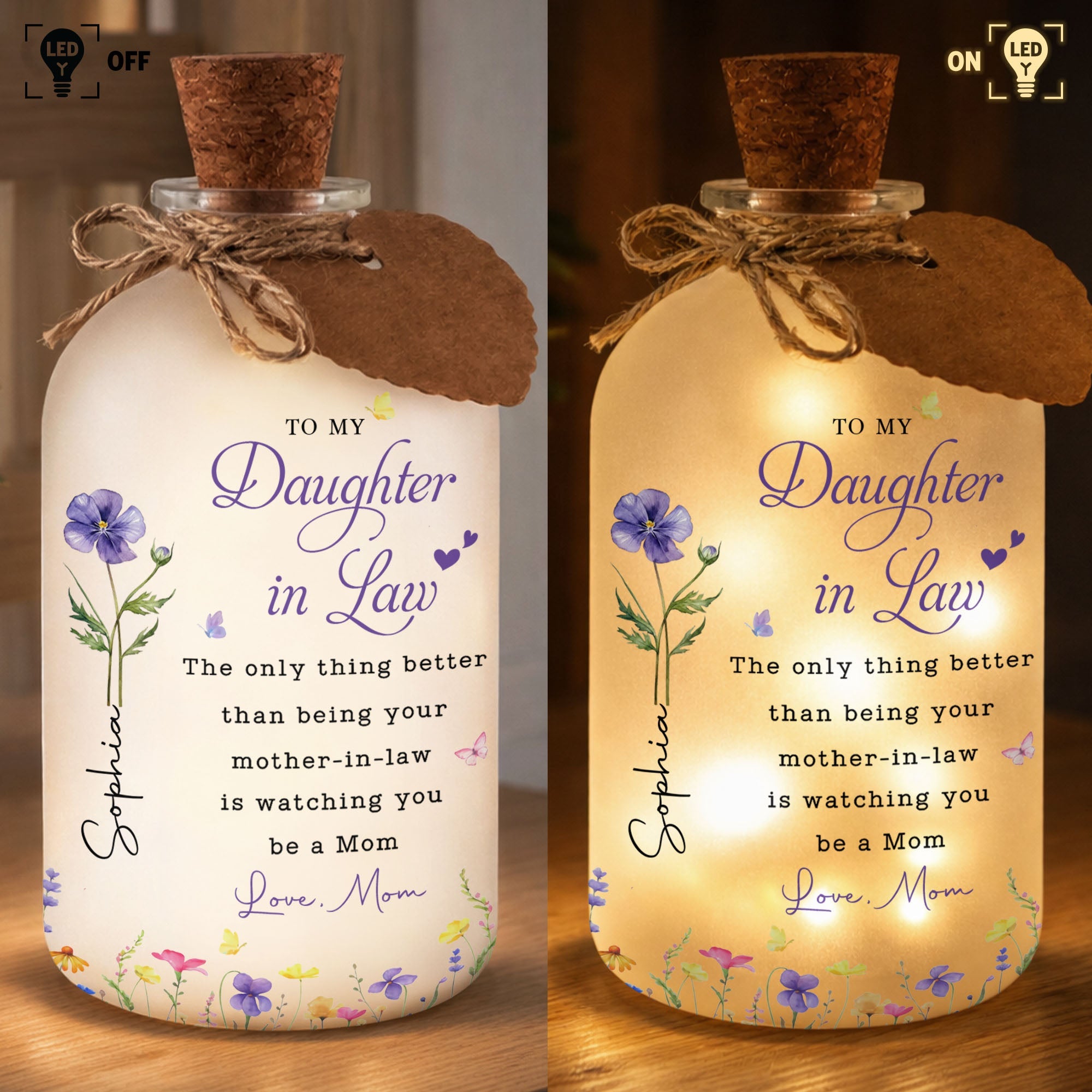 Personalized Frosted Glass Bottle Light Custom Birth Month Flowers Gift for Daughter-in-Law Short Bottle Light GradoCreations