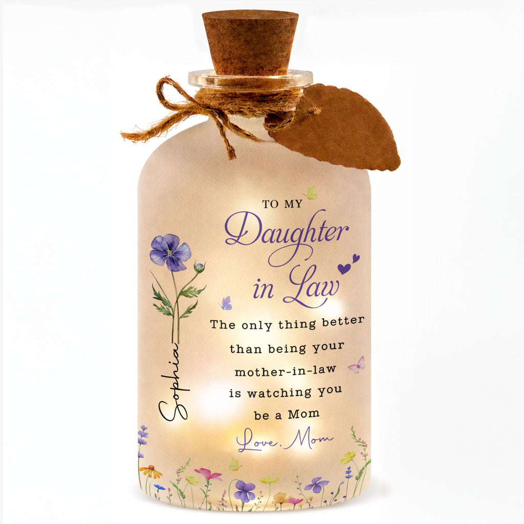 Personalized Frosted Glass Bottle Light Custom Birth Month Flowers Gift for Daughter-in-Law Short Bottle Light GradoCreations