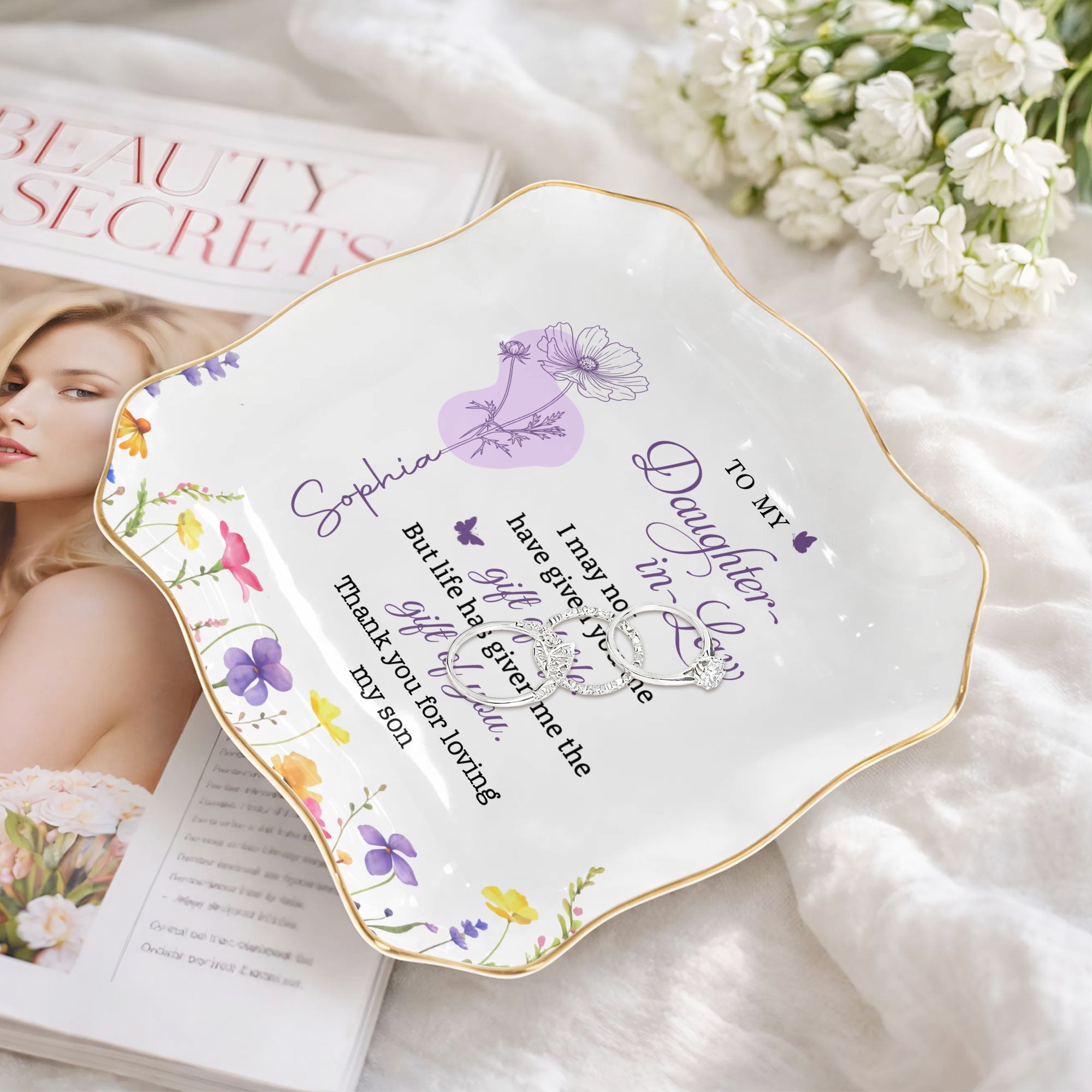 Personalized Lace Jewelry Dish Custom Name Gift for Daughter-in-Law Lace Square Jewelry Dish GradoCreations