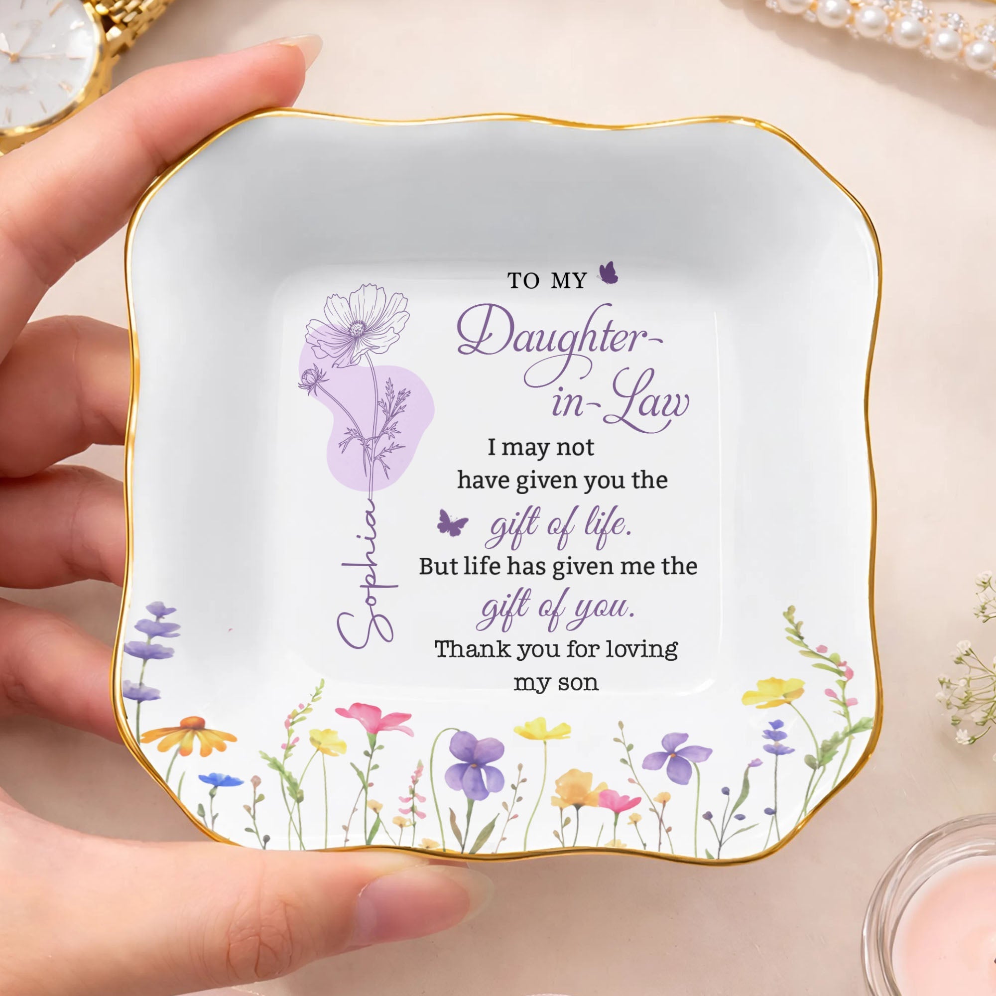 Personalized Lace Jewelry Dish Custom Name Gift for Daughter-in-Law Lace Square Jewelry Dish GradoCreations