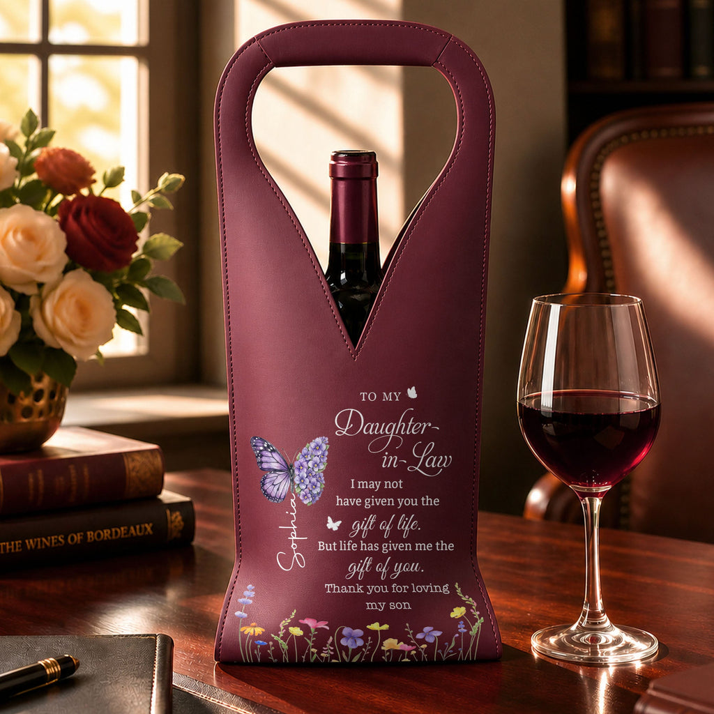 Personalized Leather Wine Bag Custom Name Gift for Daughter-in-Law Leather Wine Bag GradoCreations