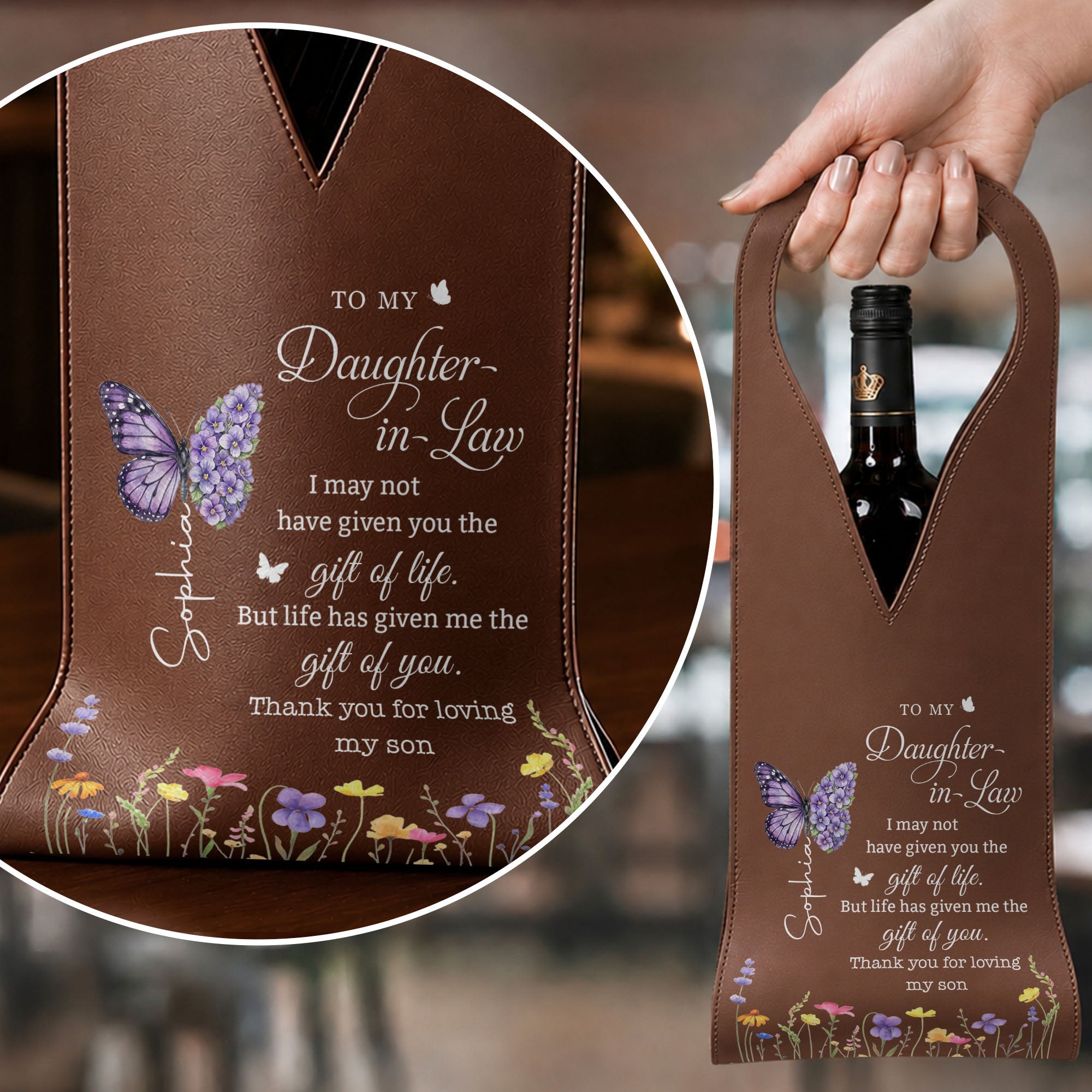 Personalized Leather Wine Bag Custom Name Gift for Daughter-in-Law Leather Wine Bag GradoCreations