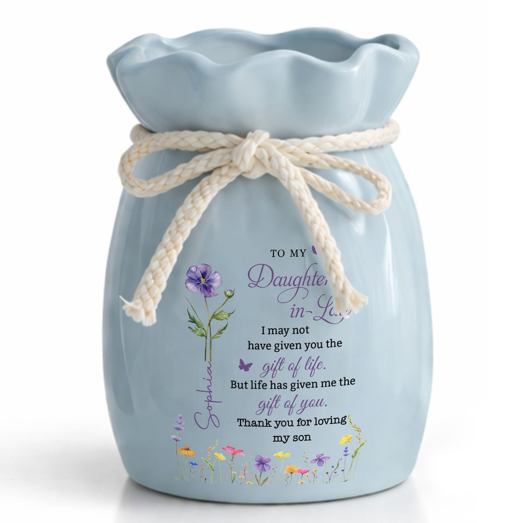 Personalized Ribbon Tie Flower Vase Custom Name for Daughter-in-Law Gift Ribbon Tie Ceramic Flower Vase GradoCreations