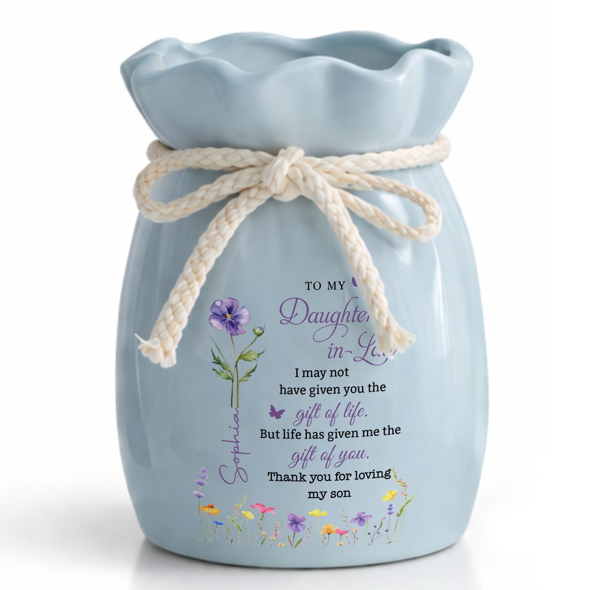 Personalized Ribbon Tie Flower Vase Custom Name for Daughter-in-Law Gift Ribbon Tie Ceramic Flower Vase GradoCreations