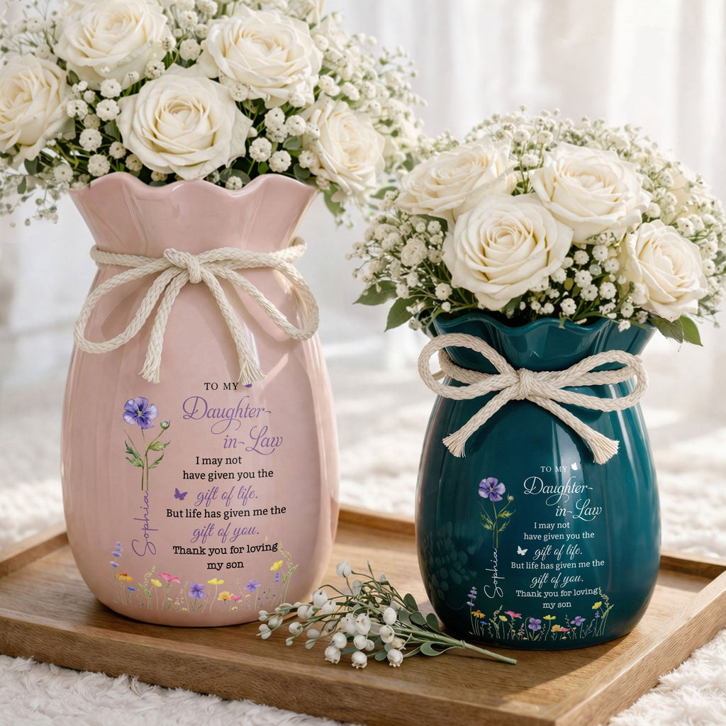 Personalized Ribbon Tie Flower Vase Custom Name for Daughter-in-Law Gift Ribbon Tie Ceramic Flower Vase GradoCreations