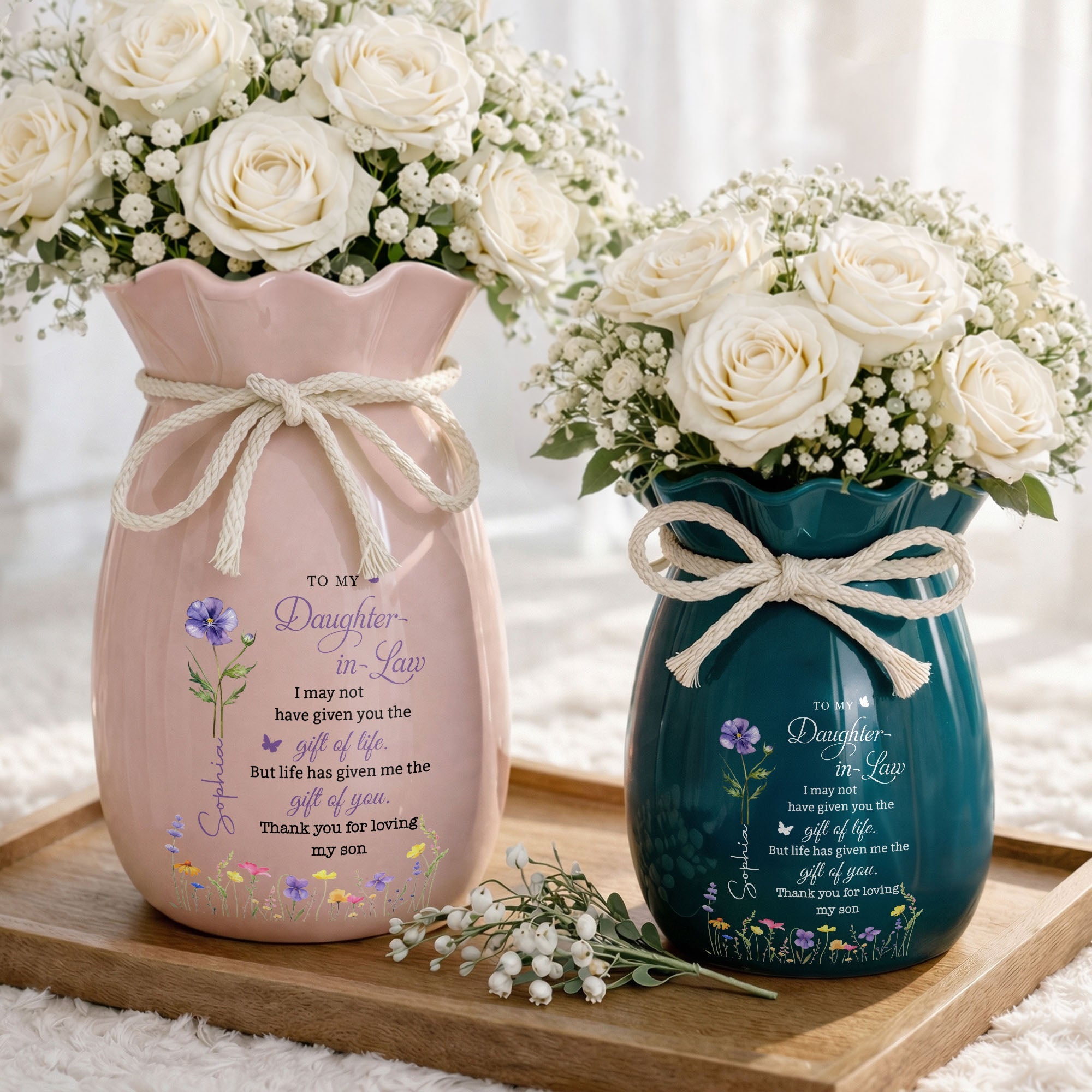 Personalized Ribbon Tie Flower Vase Custom Name for Daughter-in-Law Gift Ribbon Tie Ceramic Flower Vase GradoCreations