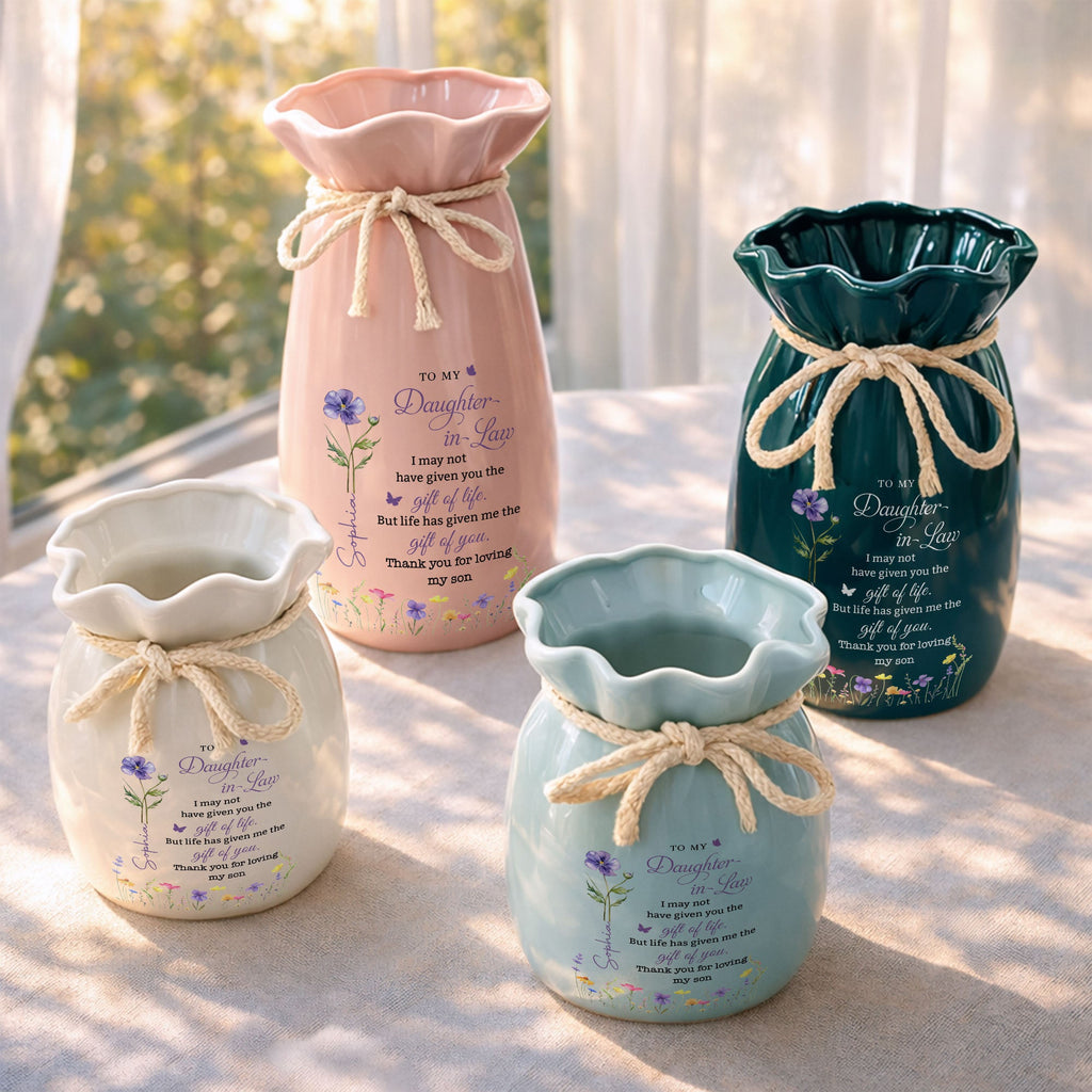 Personalized Ribbon Tie Flower Vase Custom Name for Daughter-in-Law Gift Ribbon Tie Ceramic Flower Vase GradoCreations