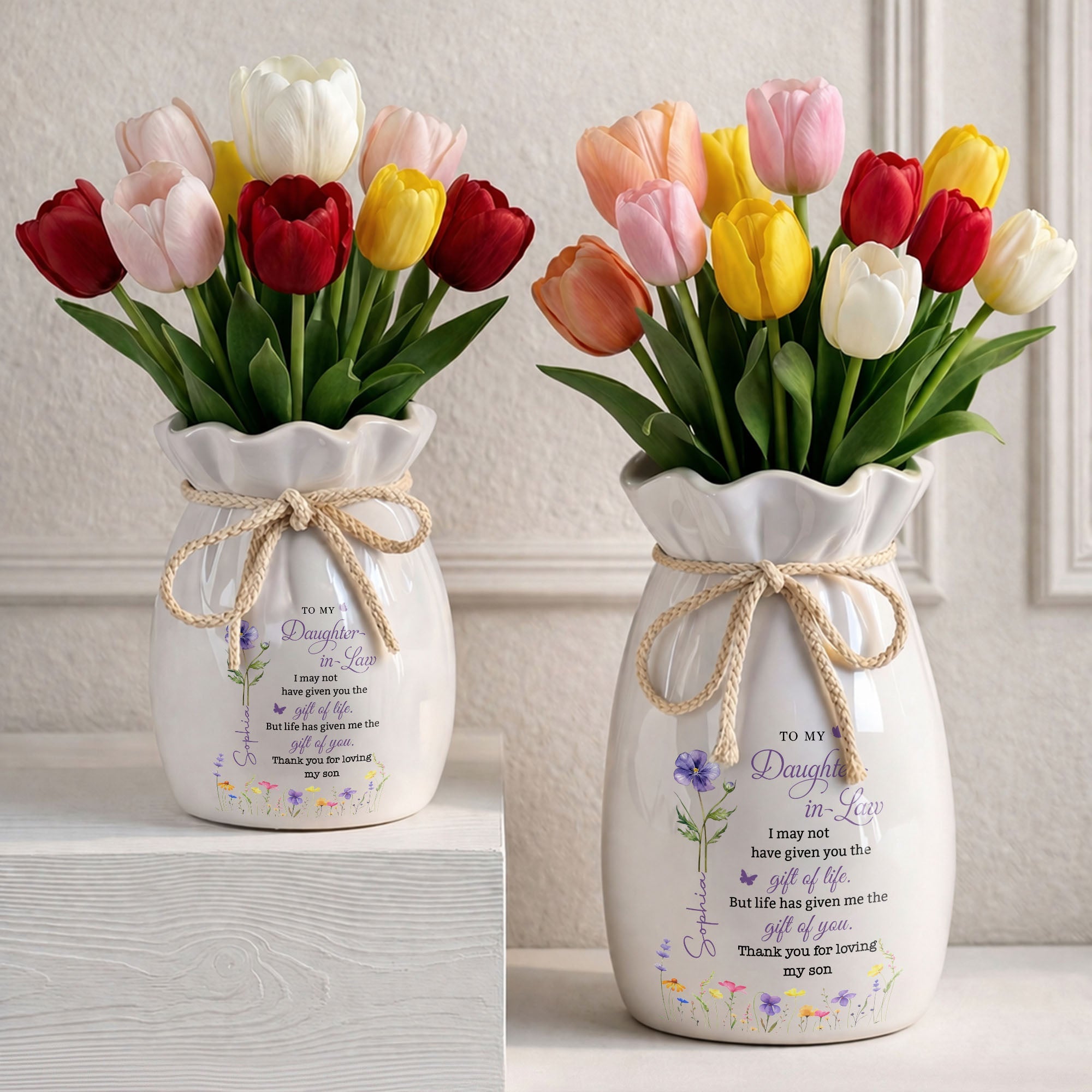 Personalized Ribbon Tie Flower Vase Custom Name for Daughter-in-Law Gift Ribbon Tie Ceramic Flower Vase GradoCreations