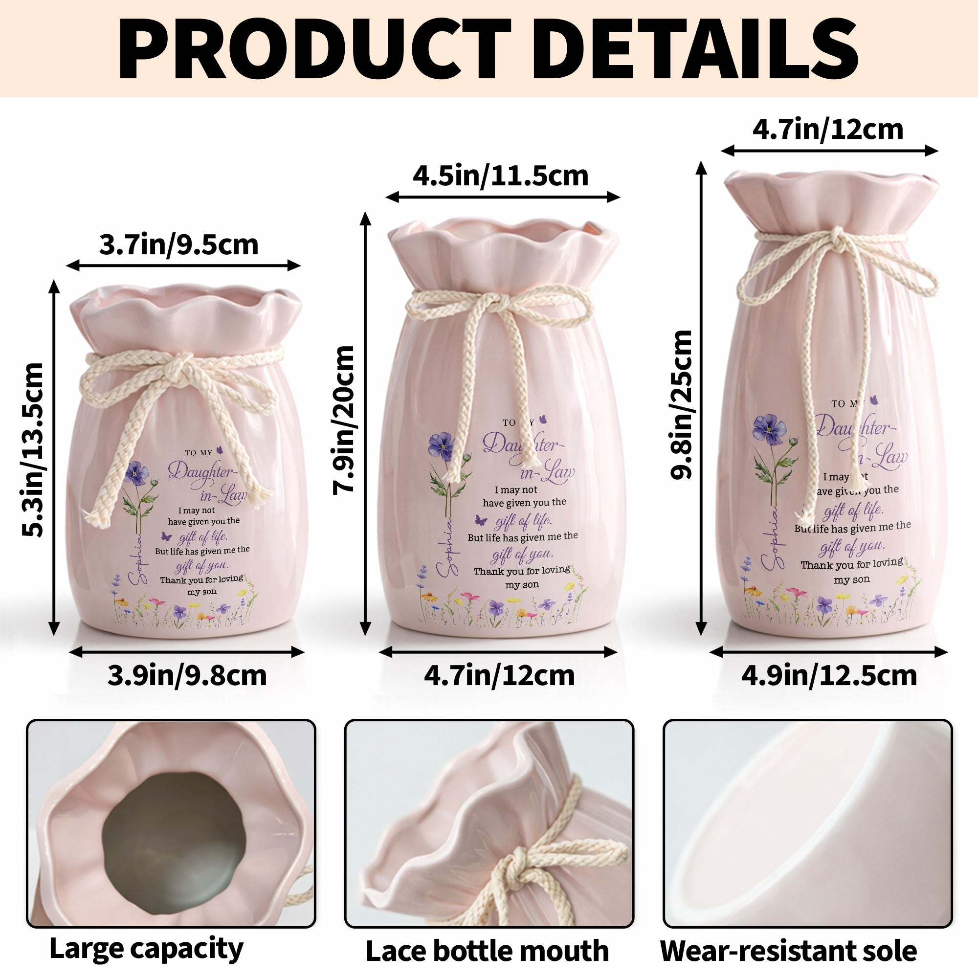 Personalized Ribbon Tie Flower Vase Custom Name for Daughter-in-Law Gift Ribbon Tie Ceramic Flower Vase GradoCreations