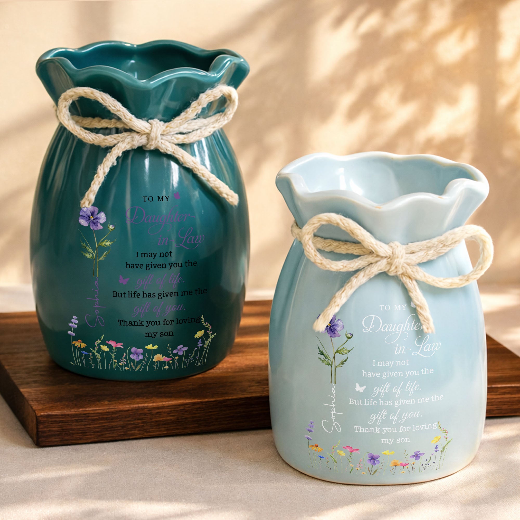 Personalized Ribbon Tie Flower Vase Custom Name for Daughter-in-Law Gift Ribbon Tie Ceramic Flower Vase GradoCreations