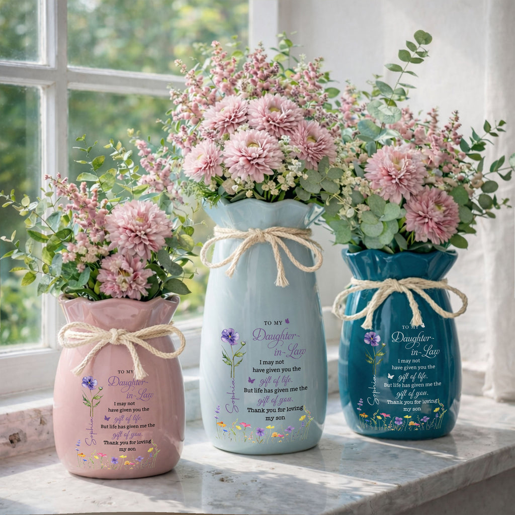 Personalized Ribbon Tie Flower Vase Custom Name for Daughter-in-Law Gift Ribbon Tie Ceramic Flower Vase GradoCreations