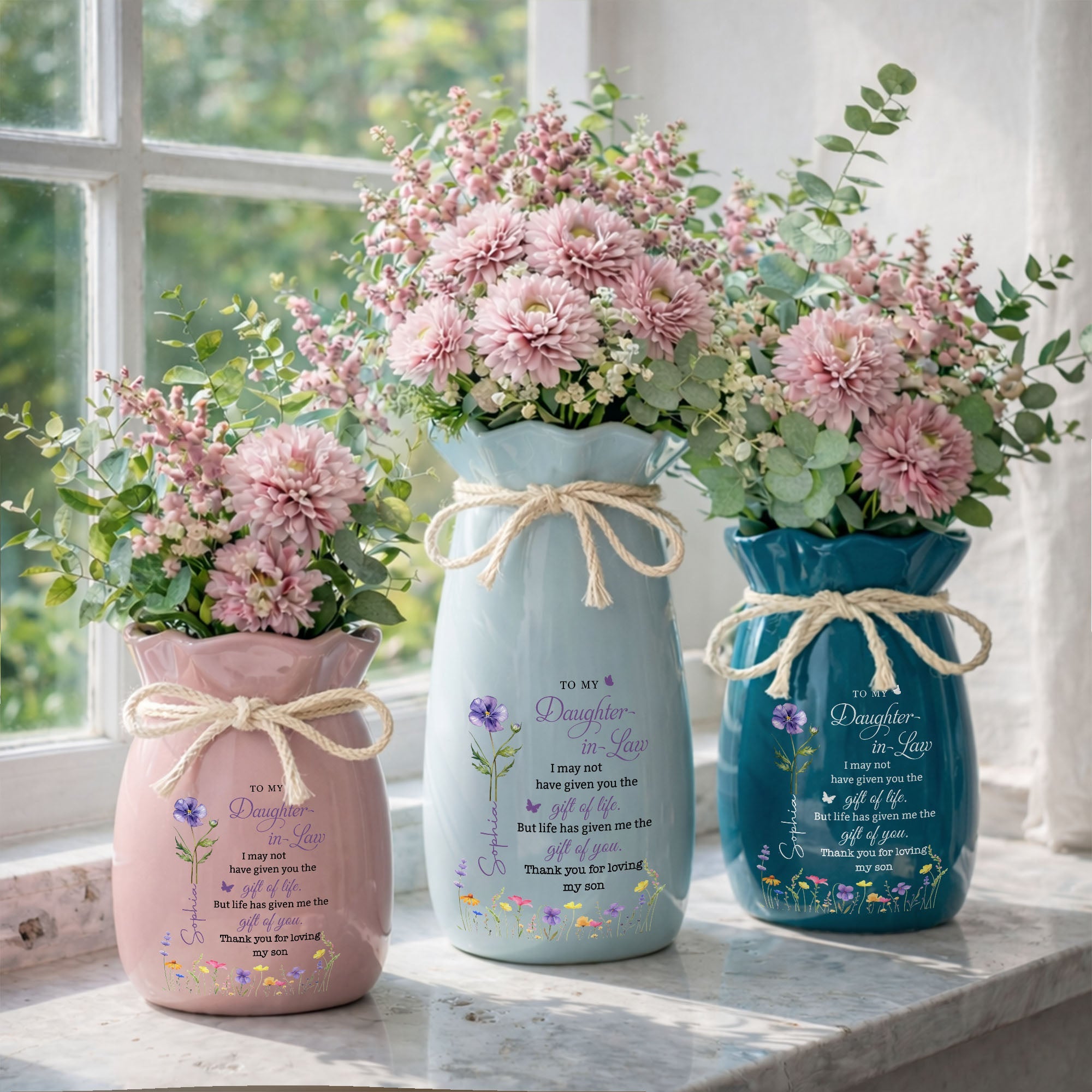 Personalized Ribbon Tie Flower Vase Custom Name for Daughter-in-Law Gift Ribbon Tie Ceramic Flower Vase GradoCreations