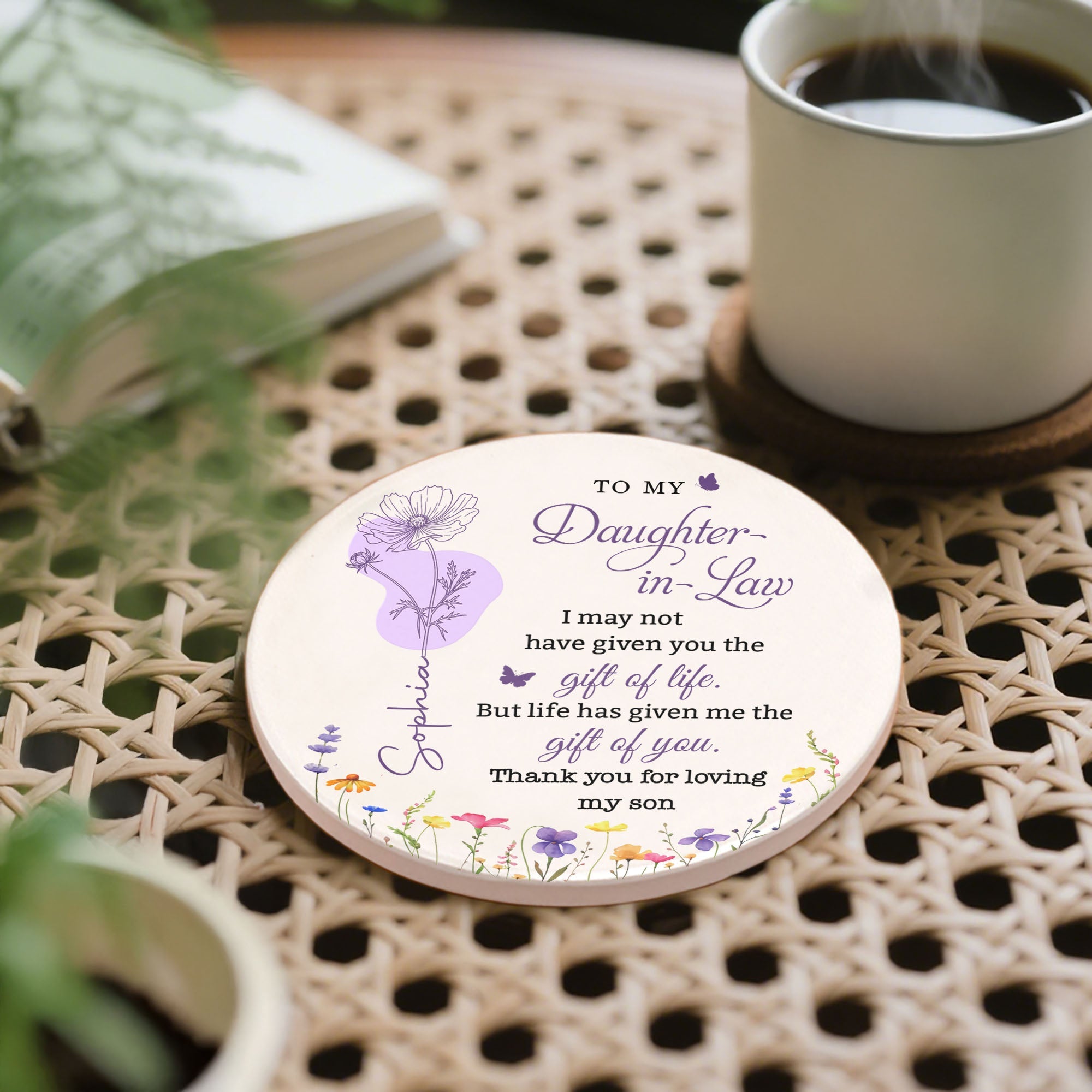 Personalized Floral Ceramic Coaster Custom Name Gift for Daughter-in-Law Ceramic Coaster GradoCreations