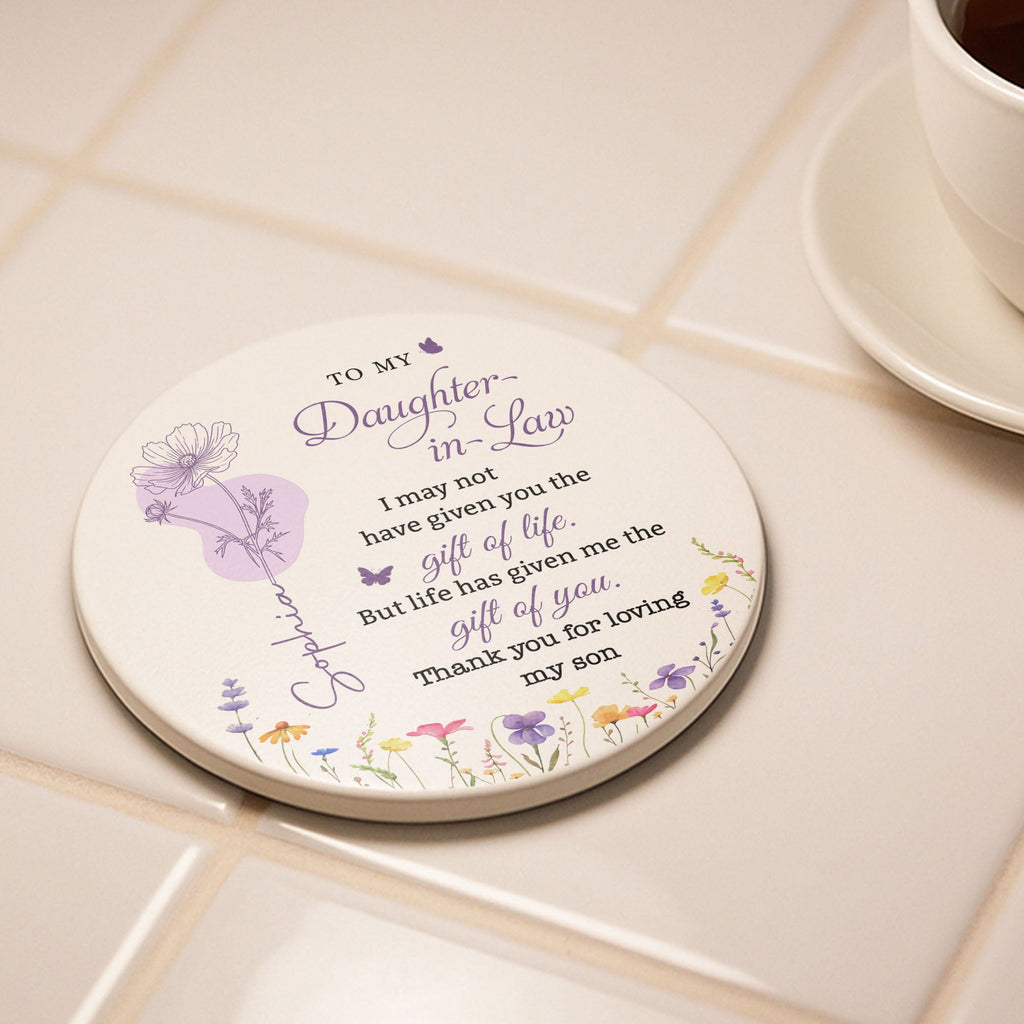 Personalized Floral Ceramic Coaster Custom Name Gift for Daughter-in-Law Ceramic Coaster GradoCreations