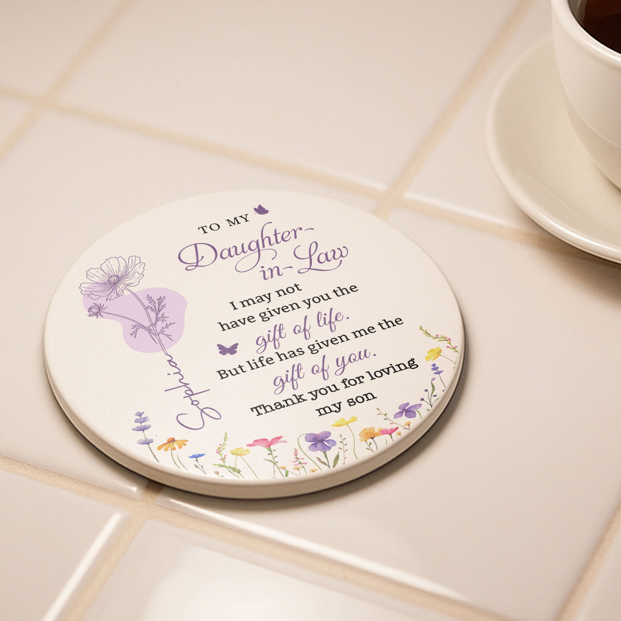 Personalized Floral Ceramic Coaster Custom Name Gift for Daughter-in-Law Ceramic Coaster GradoCreations
