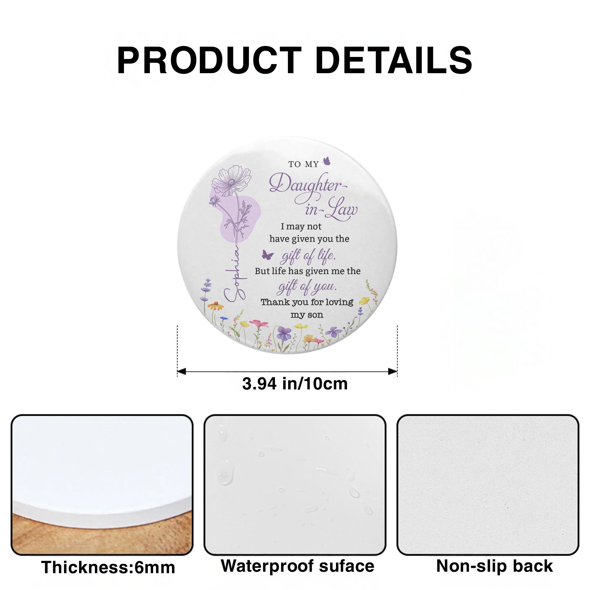 Personalized Floral Ceramic Coaster Custom Name Gift for Daughter-in-Law Ceramic Coaster GradoCreations