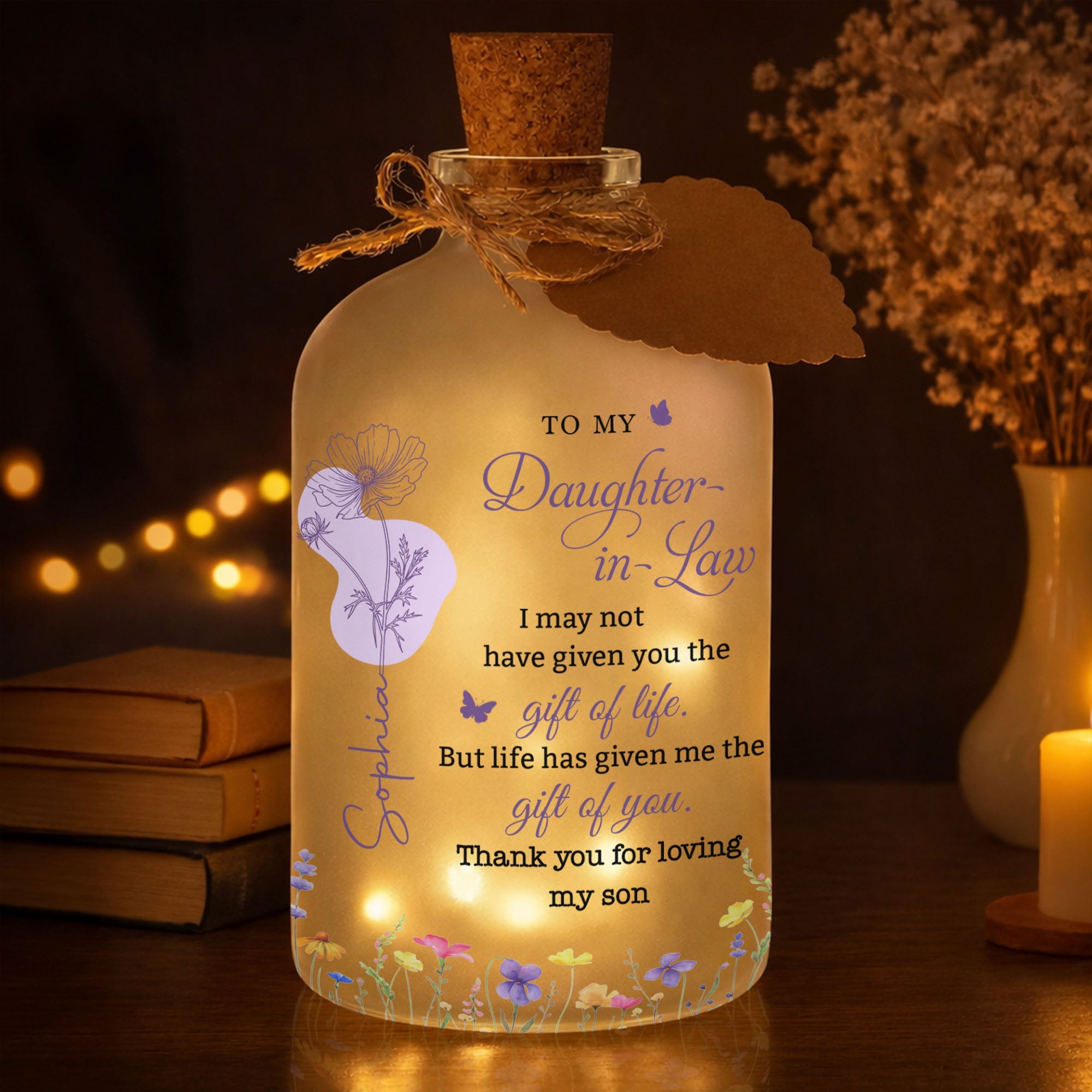 Personalized Frosted Glass Bottle Light Custom Name Gift for Daughter-in-Law Short Bottle Light GradoCreations