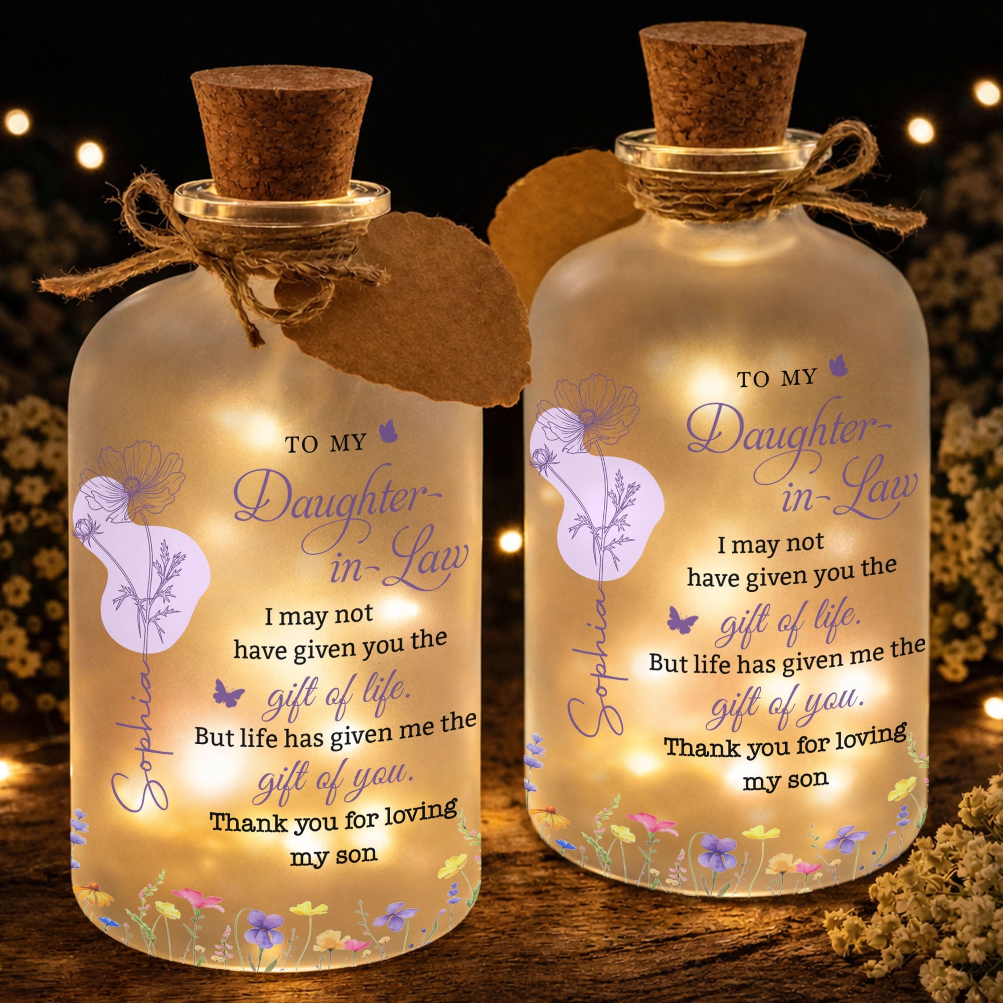 Personalized Frosted Glass Bottle Light Custom Name Gift for Daughter-in-Law Short Bottle Light GradoCreations