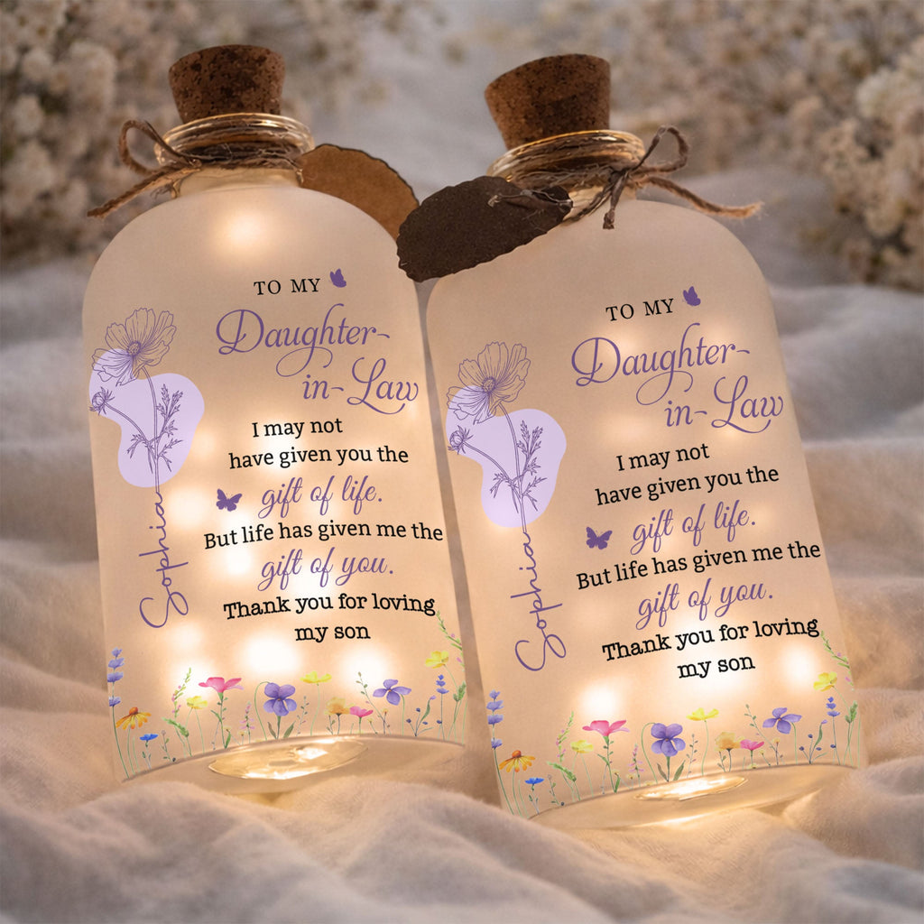Personalized Frosted Glass Bottle Light Custom Name Gift for Daughter-in-Law Short Bottle Light GradoCreations
