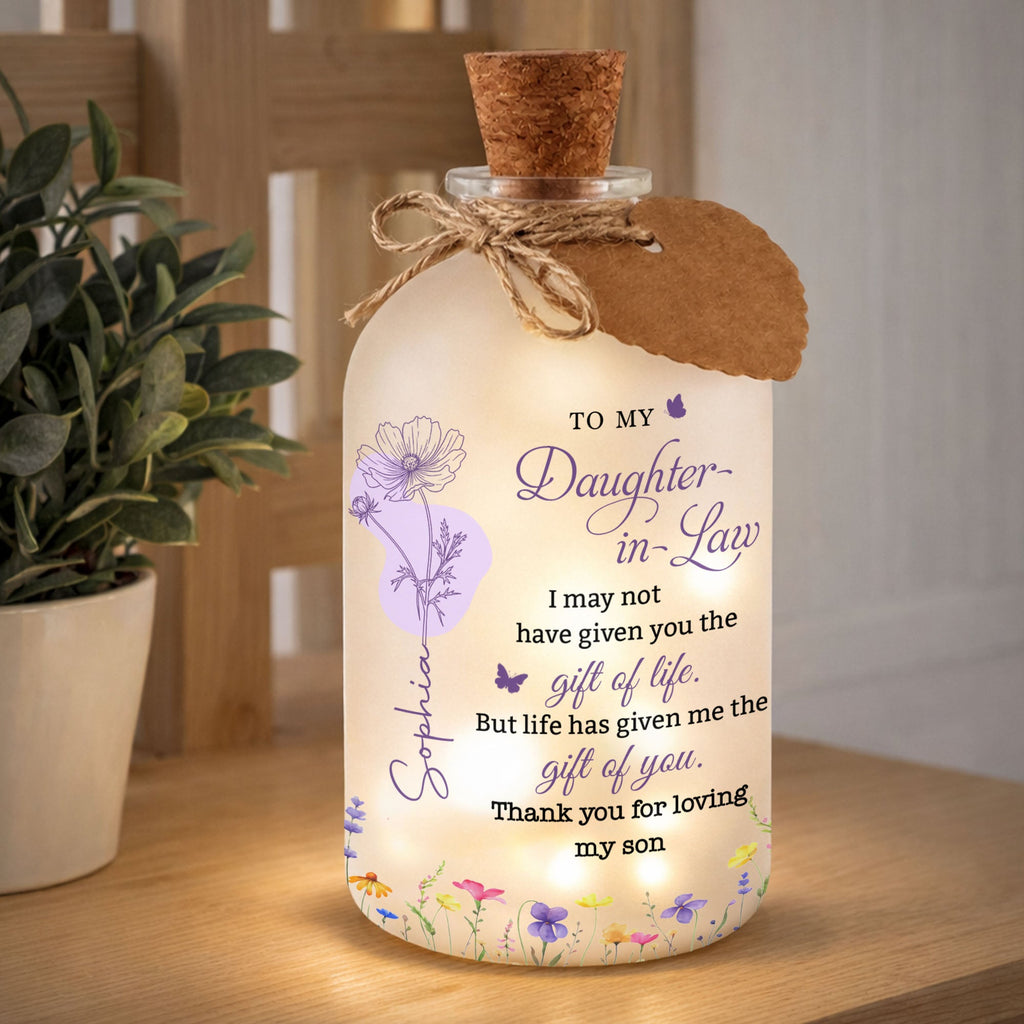 Personalized Frosted Glass Bottle Light Custom Name Gift for Daughter-in-Law Short Bottle Light GradoCreations