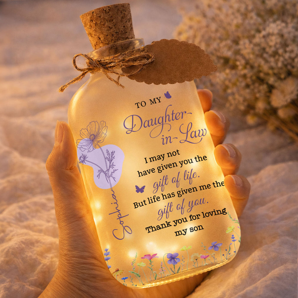 Personalized Frosted Glass Bottle Light Custom Name Gift for Daughter-in-Law Short Bottle Light GradoCreations