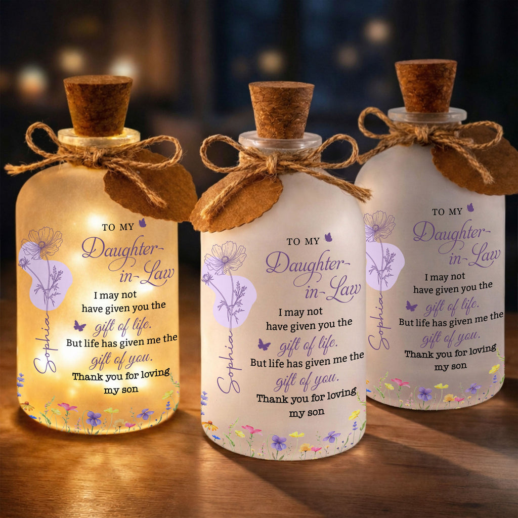 Personalized Frosted Glass Bottle Light Custom Name Gift for Daughter-in-Law Short Bottle Light GradoCreations