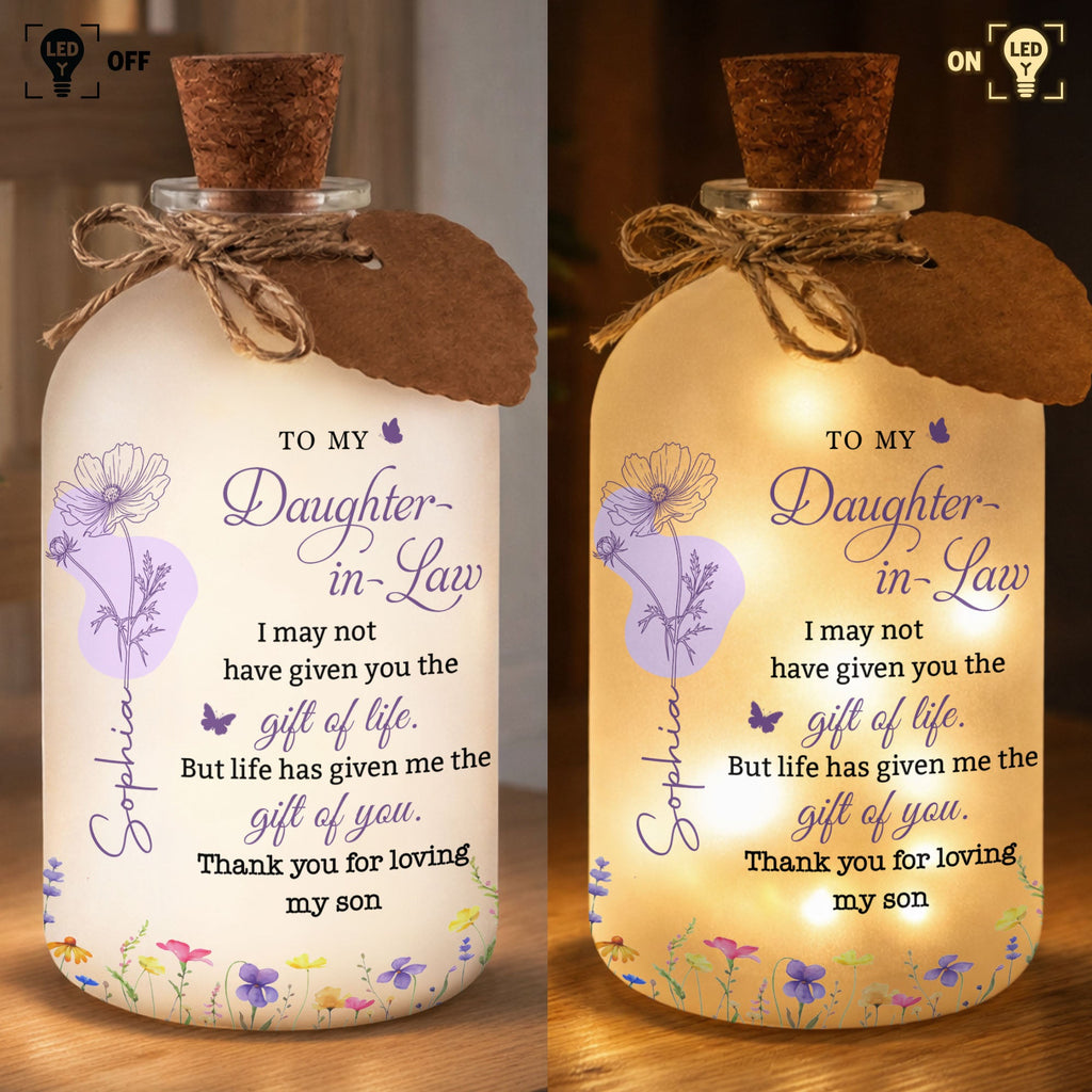 Personalized Frosted Glass Bottle Light Custom Name Gift for Daughter-in-Law Short Bottle Light GradoCreations