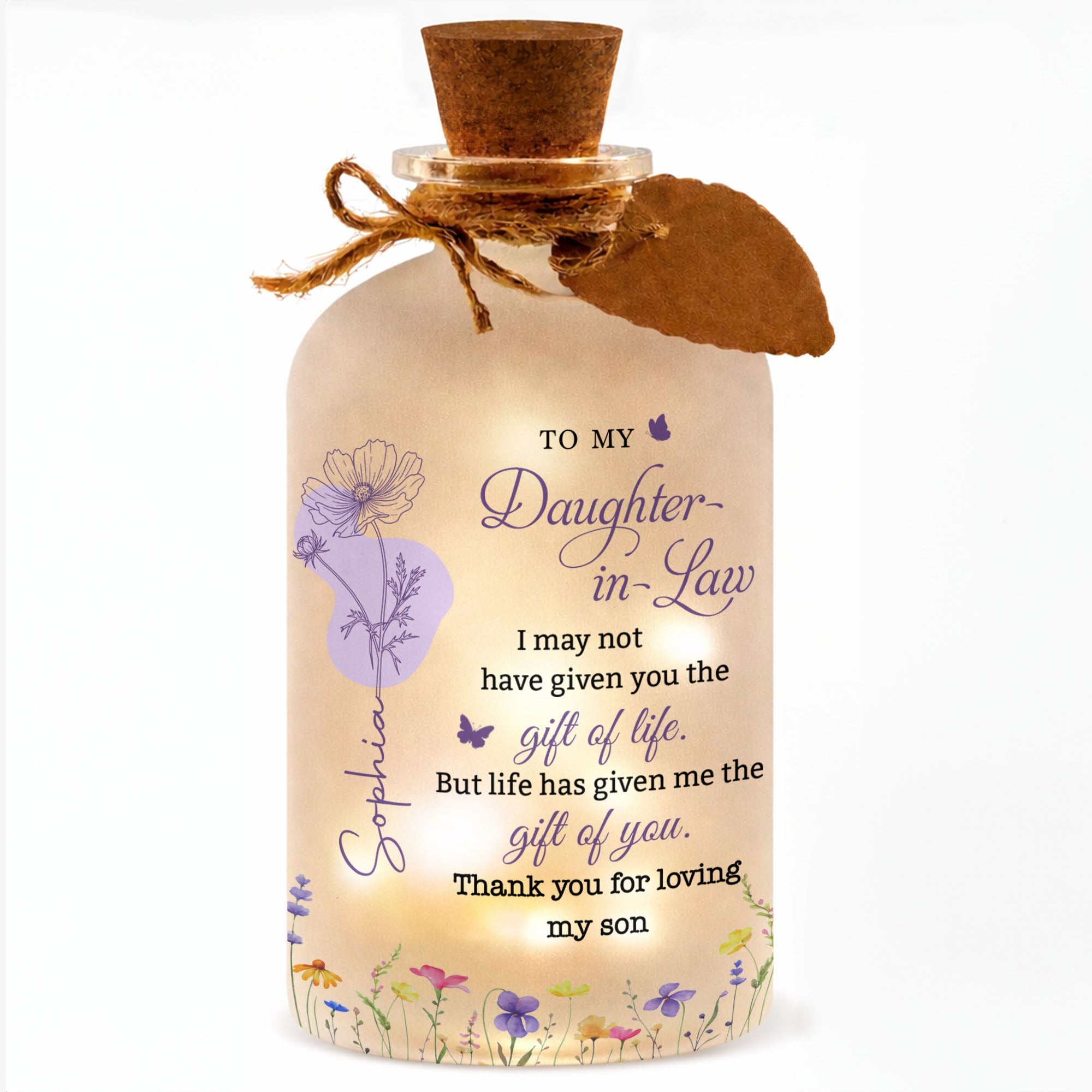 Personalized Frosted Glass Bottle Light Custom Name Gift for Daughter-in-Law Short Bottle Light GradoCreations