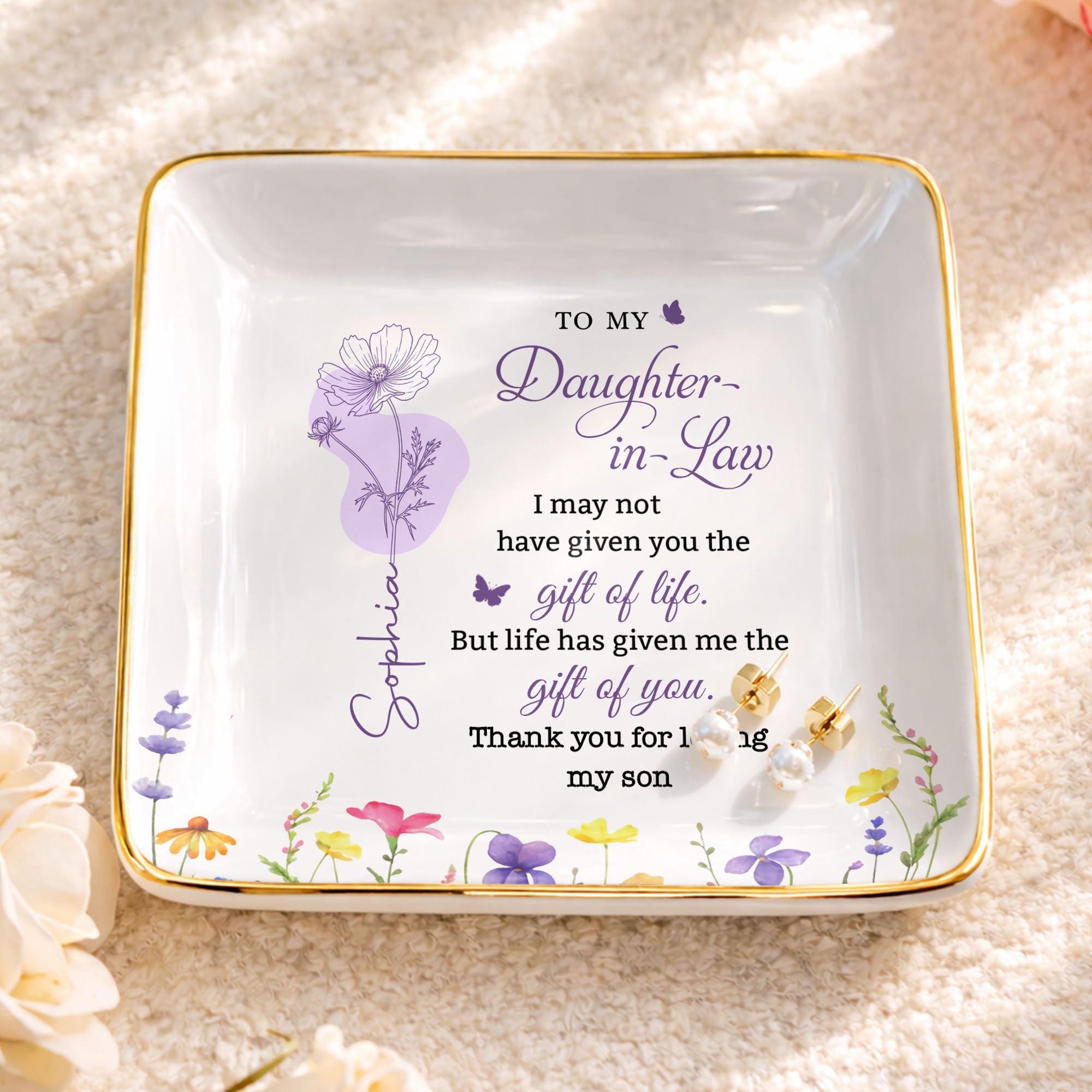 Personalized Birth Month Flower Jewelry Dish Custom Gift for Daughter-in-Law Jewelry Dish GradoCreations