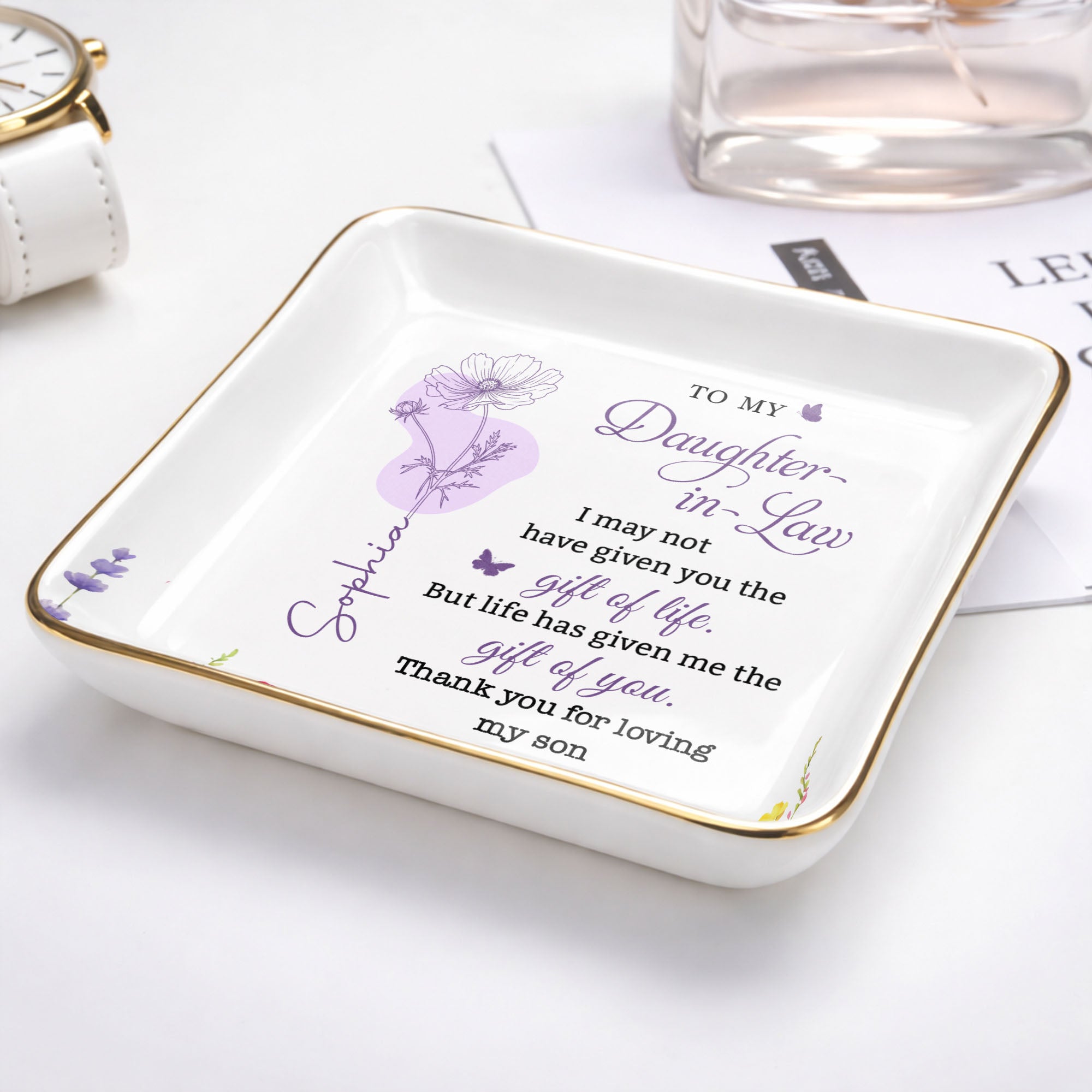 Personalized Birth Month Flower Jewelry Dish Custom Gift for Daughter-in-Law Jewelry Dish GradoCreations