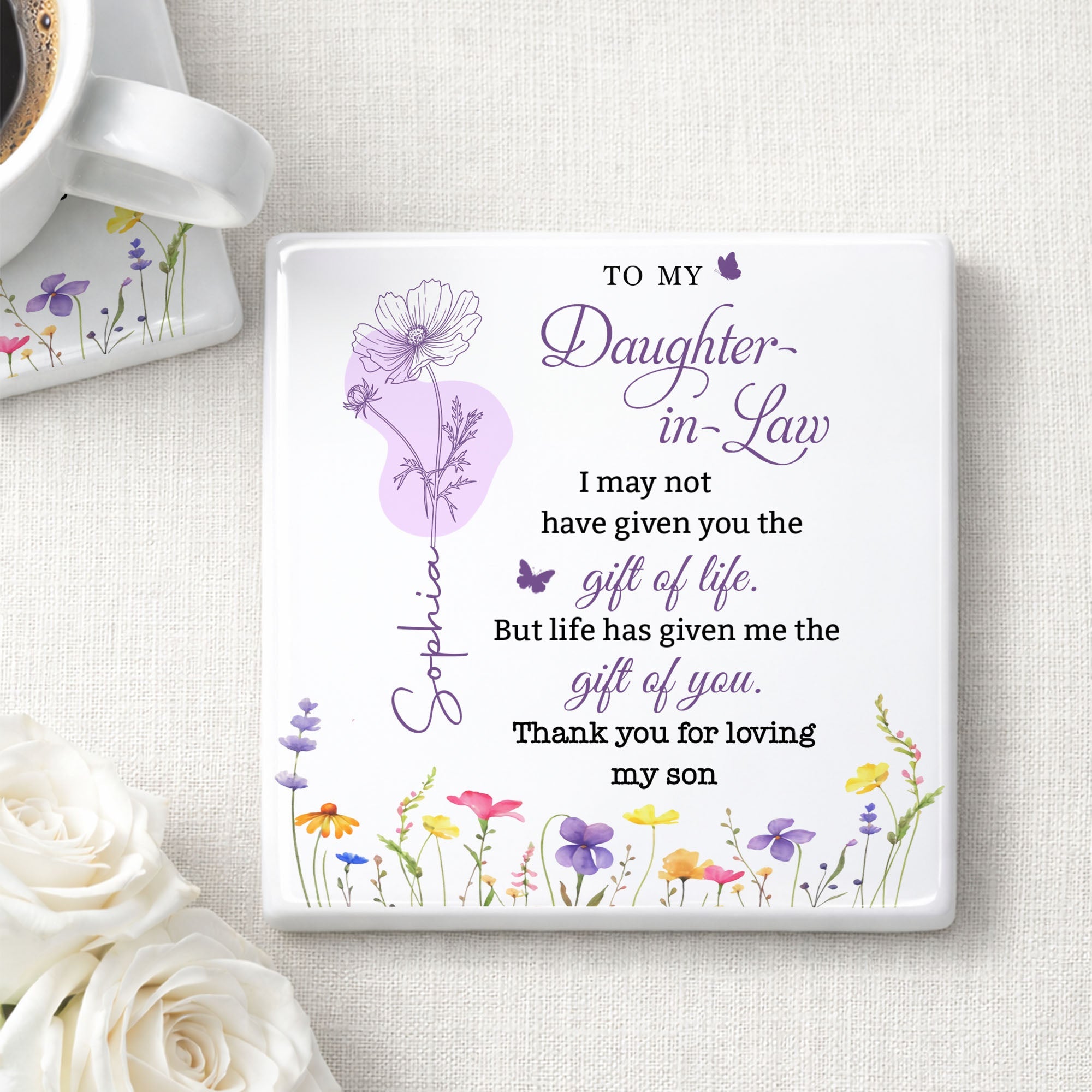 Personalized Ceramic Coaster Custom Name Gift for Daughter-in-Law Square Ceramic Coaster GradoCreations