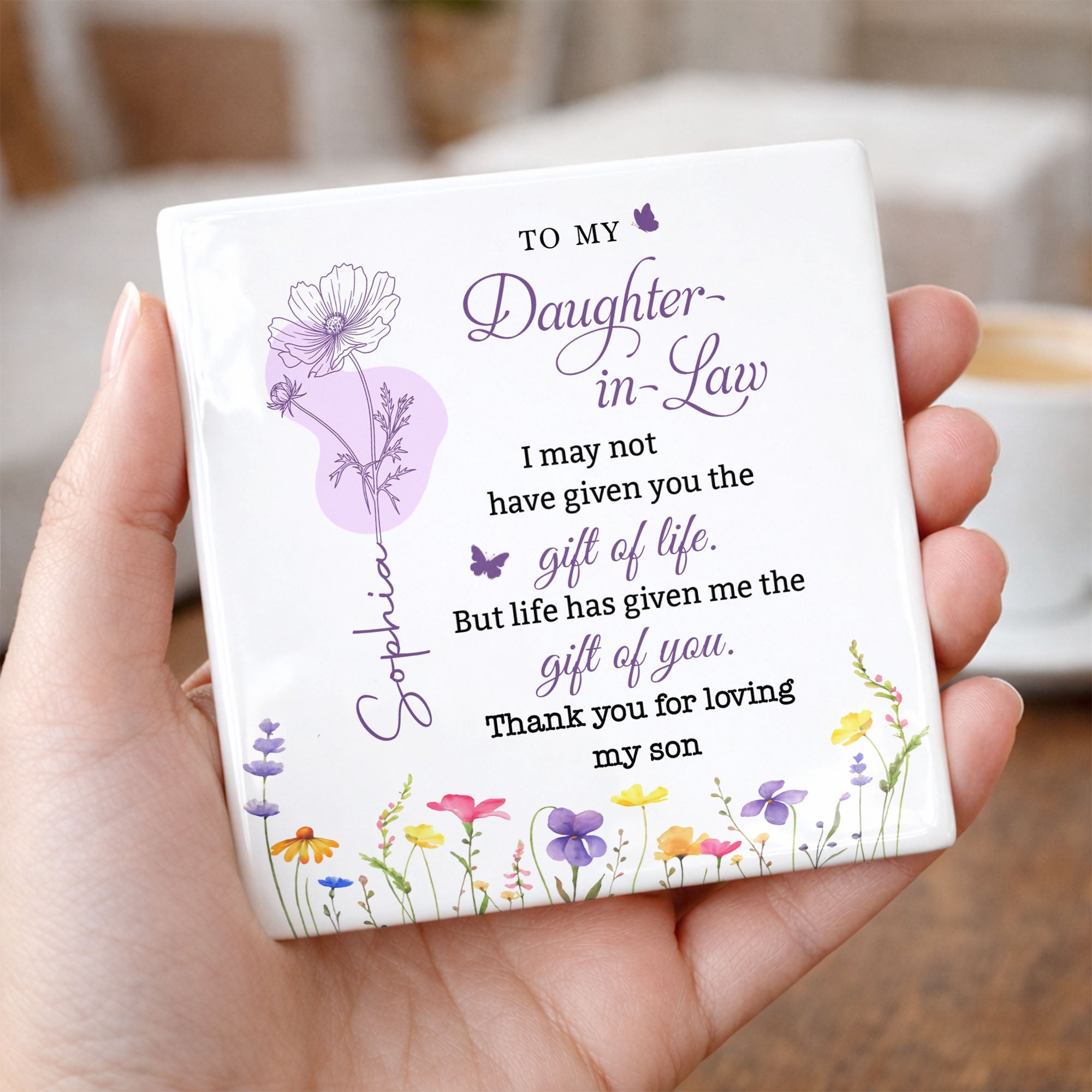 Personalized Ceramic Coaster Custom Name Gift for Daughter-in-Law Square Ceramic Coaster GradoCreations