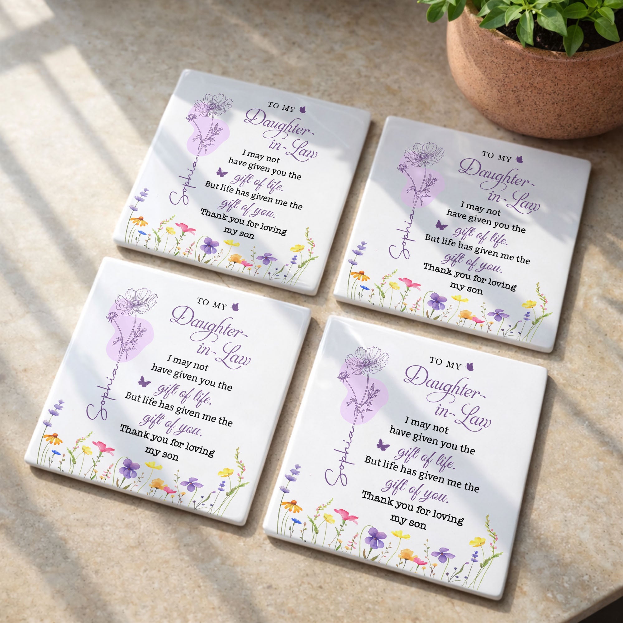 Personalized Ceramic Coaster Custom Name Gift for Daughter-in-Law Square Ceramic Coaster GradoCreations