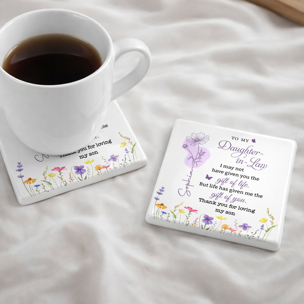 Personalized Ceramic Coaster Custom Name Gift for Daughter-in-Law Square Ceramic Coaster GradoCreations