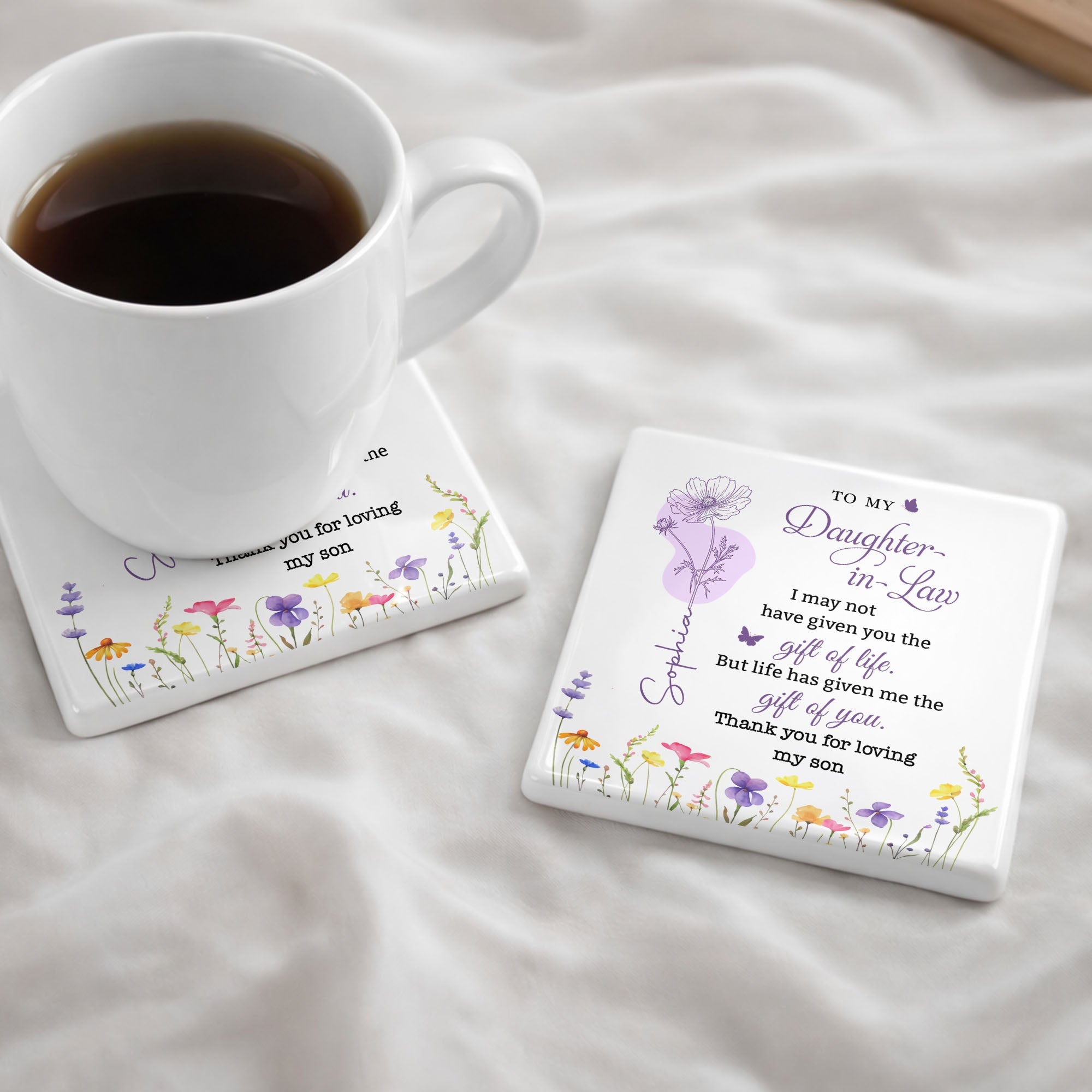 Personalized Ceramic Coaster Custom Name Gift for Daughter-in-Law Square Ceramic Coaster GradoCreations