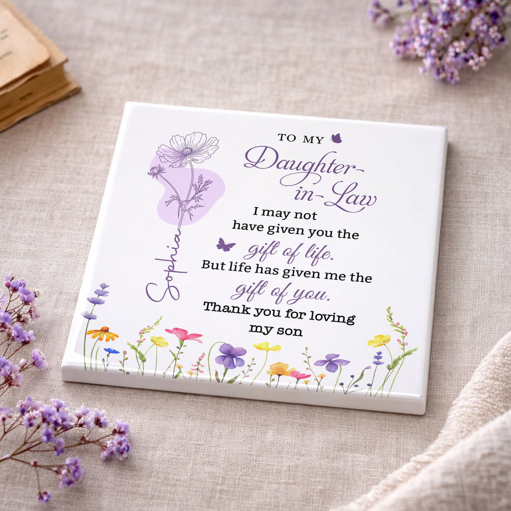 Personalized Ceramic Coaster Custom Name Gift for Daughter-in-Law Square Ceramic Coaster GradoCreations
