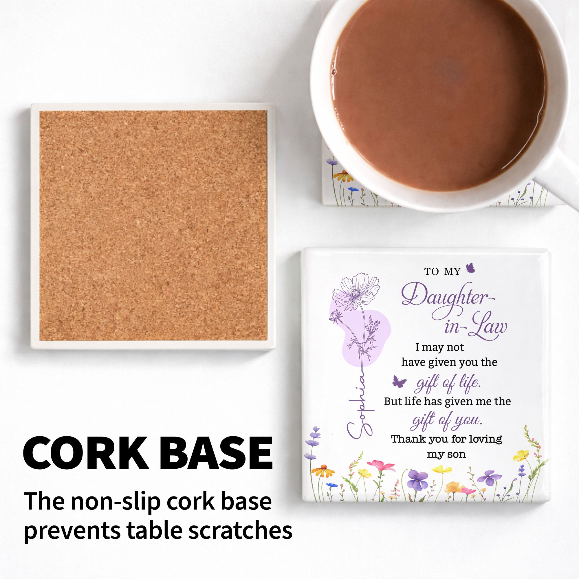 Personalized Ceramic Coaster Custom Name Gift for Daughter-in-Law Square Ceramic Coaster GradoCreations